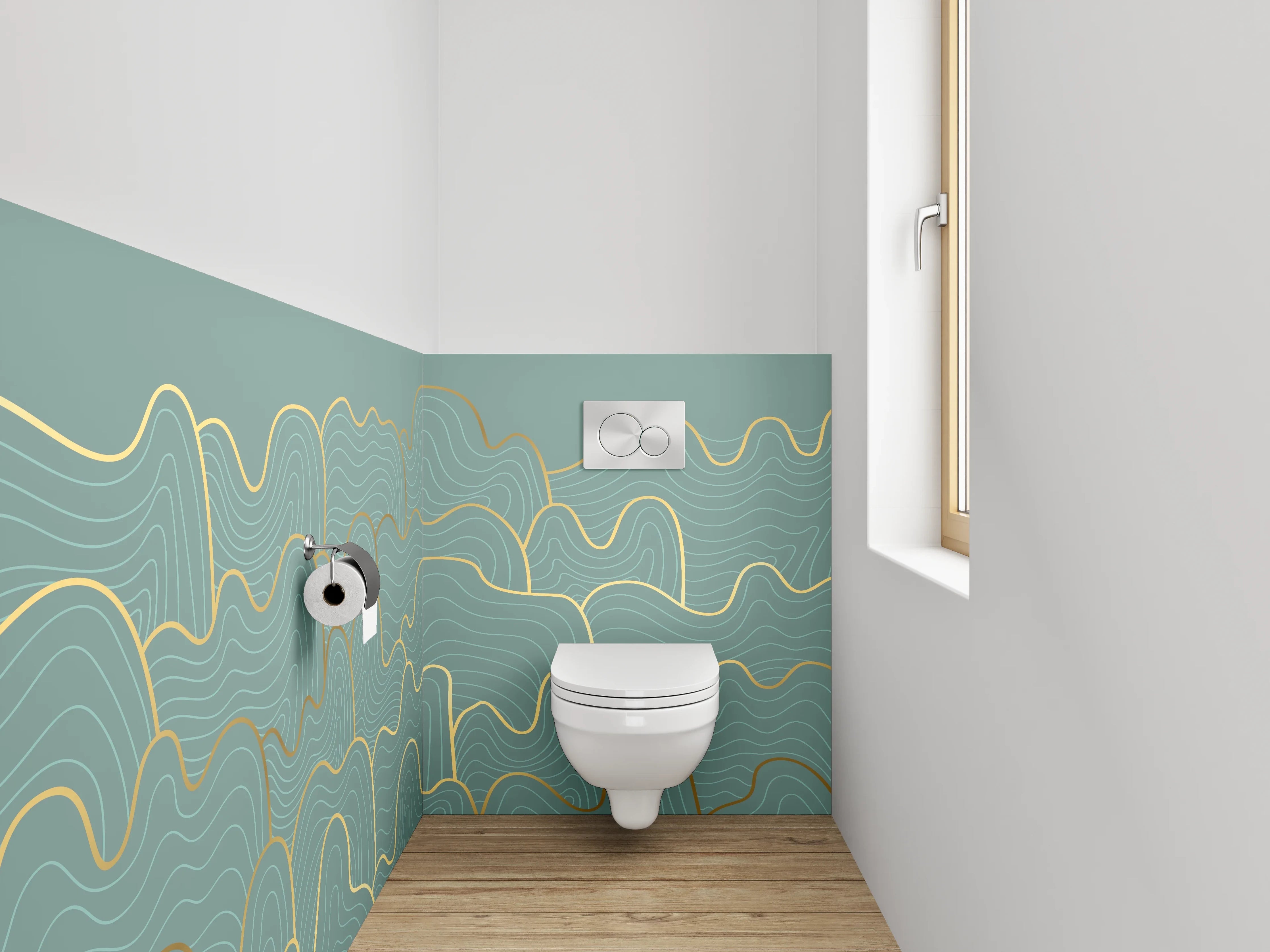 WC-Rückwand - Goldene Lineart Wellen Abstrakt
