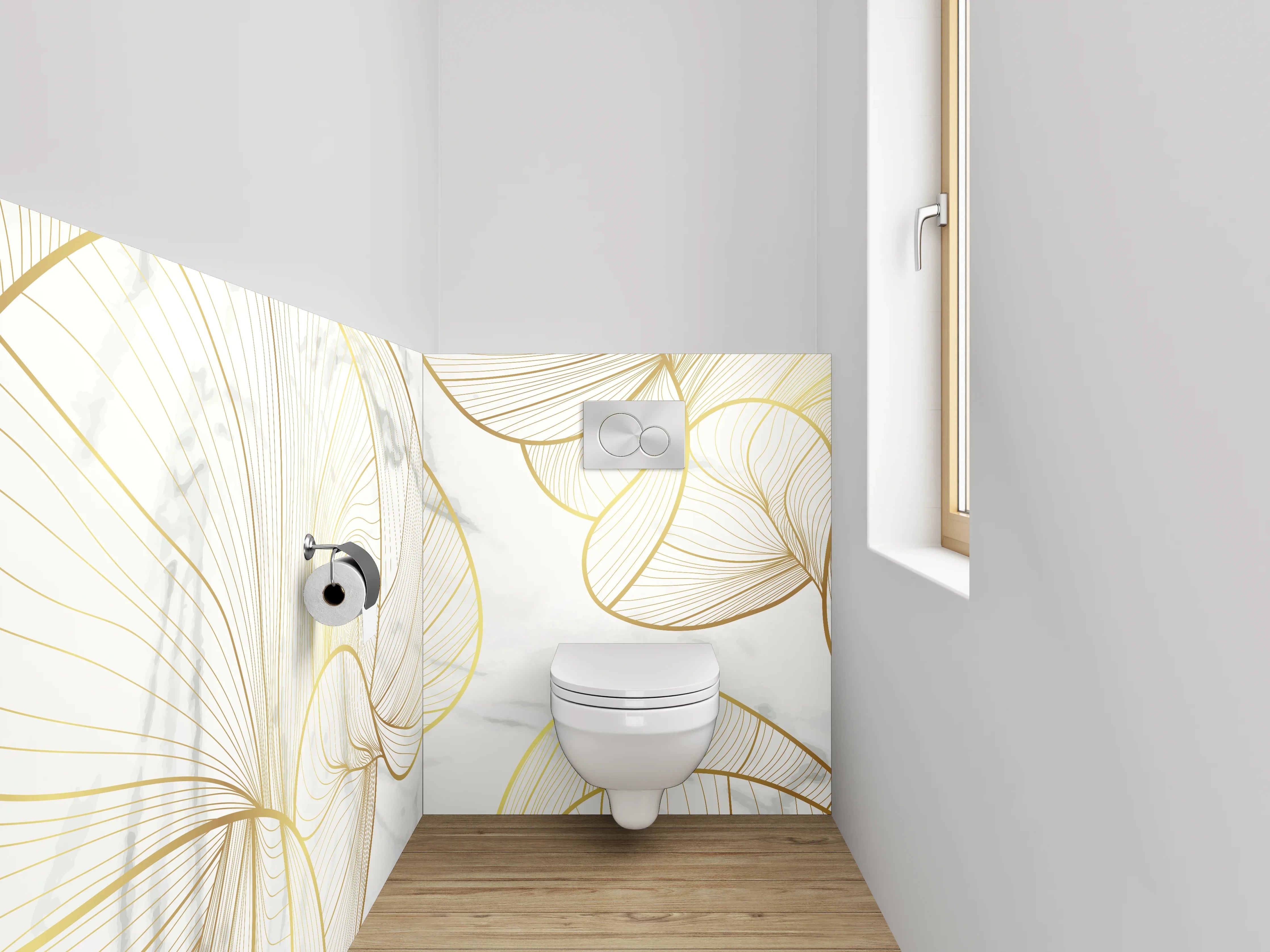 WC-Rückwand - Goldene Lineart auf Marmor Weiß