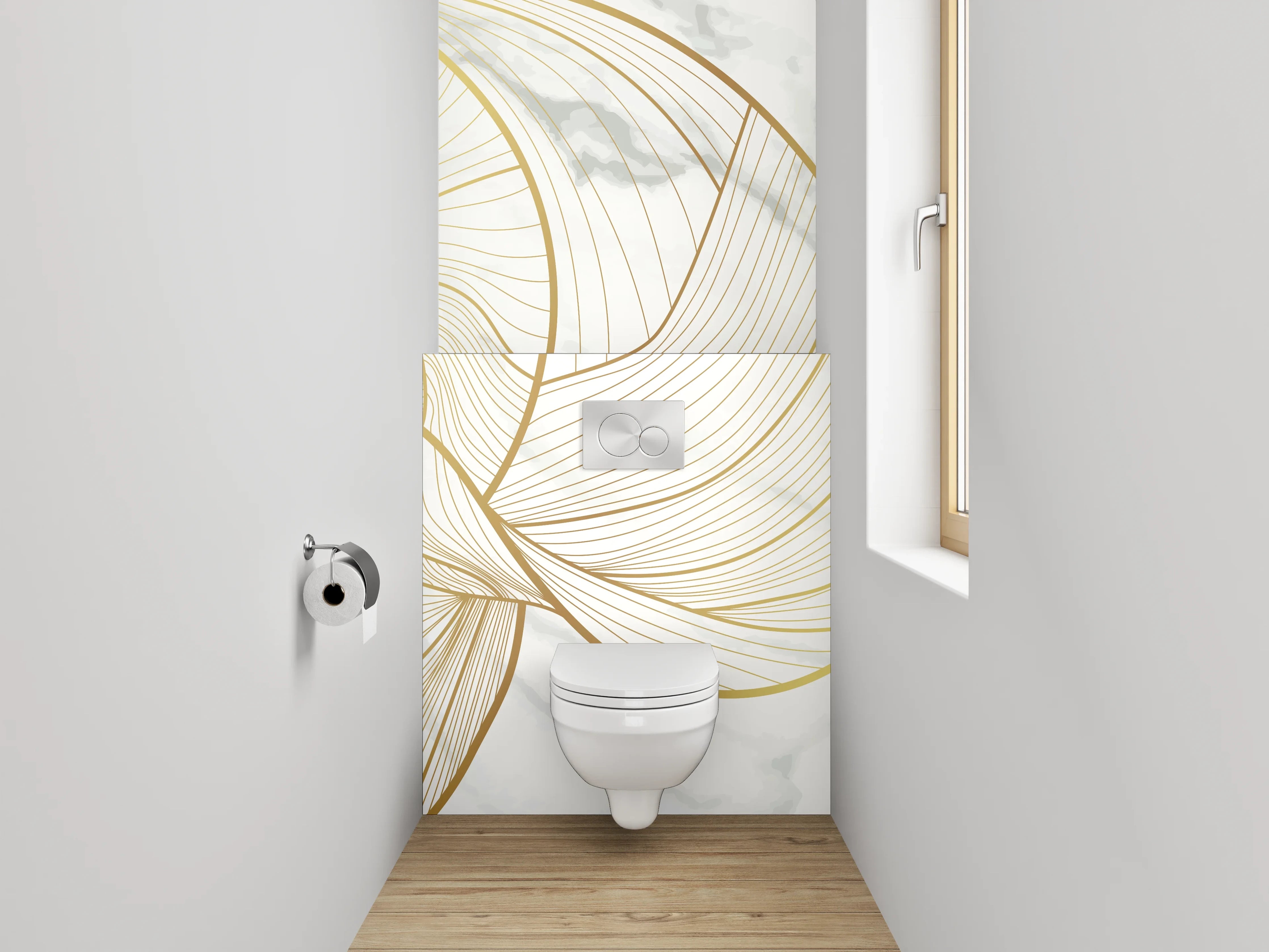 WC-Rückwand - Goldene Lineart auf Marmor Weiß