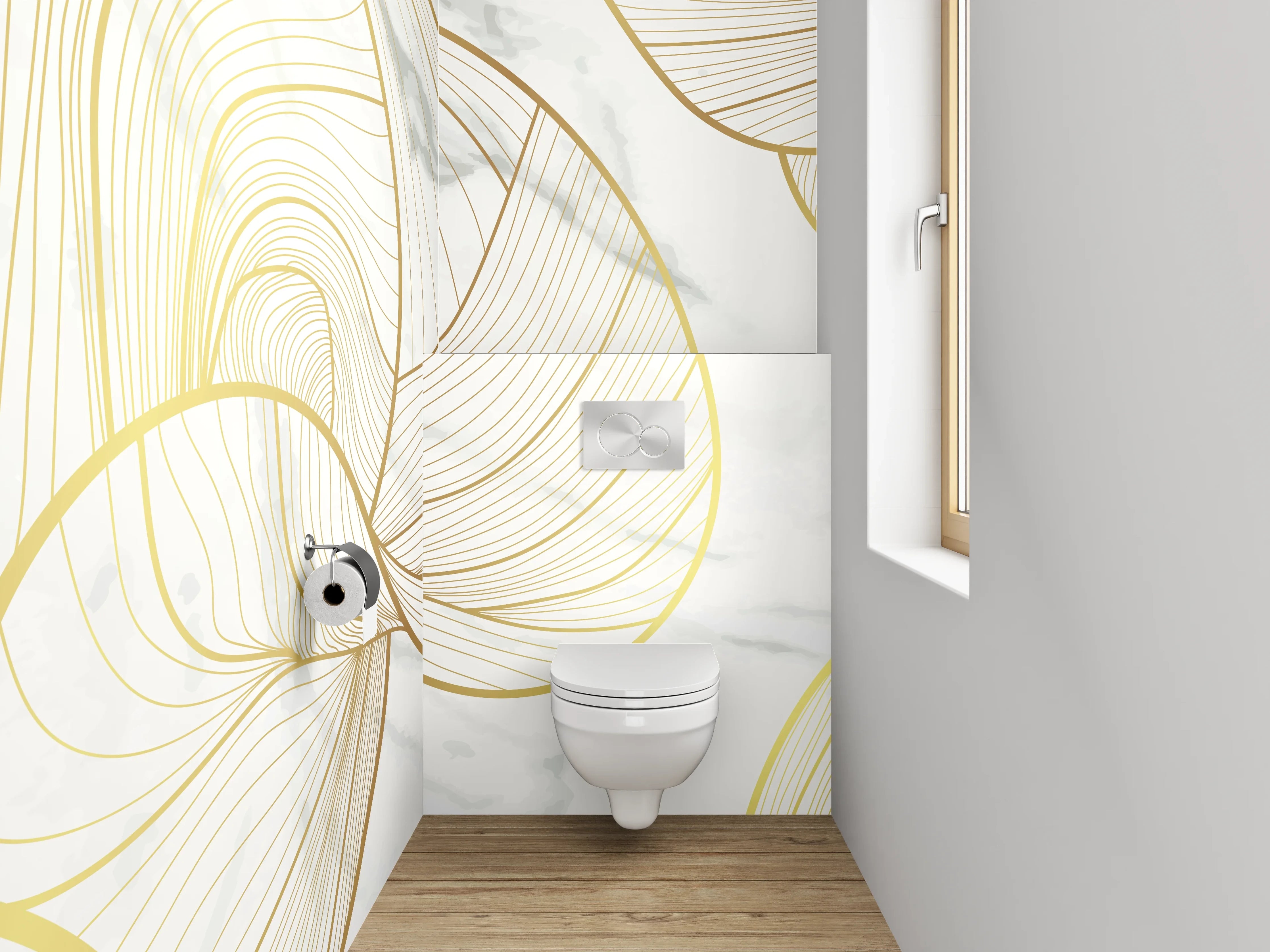 WC-Rückwand - Goldene Lineart auf Marmor Weiß