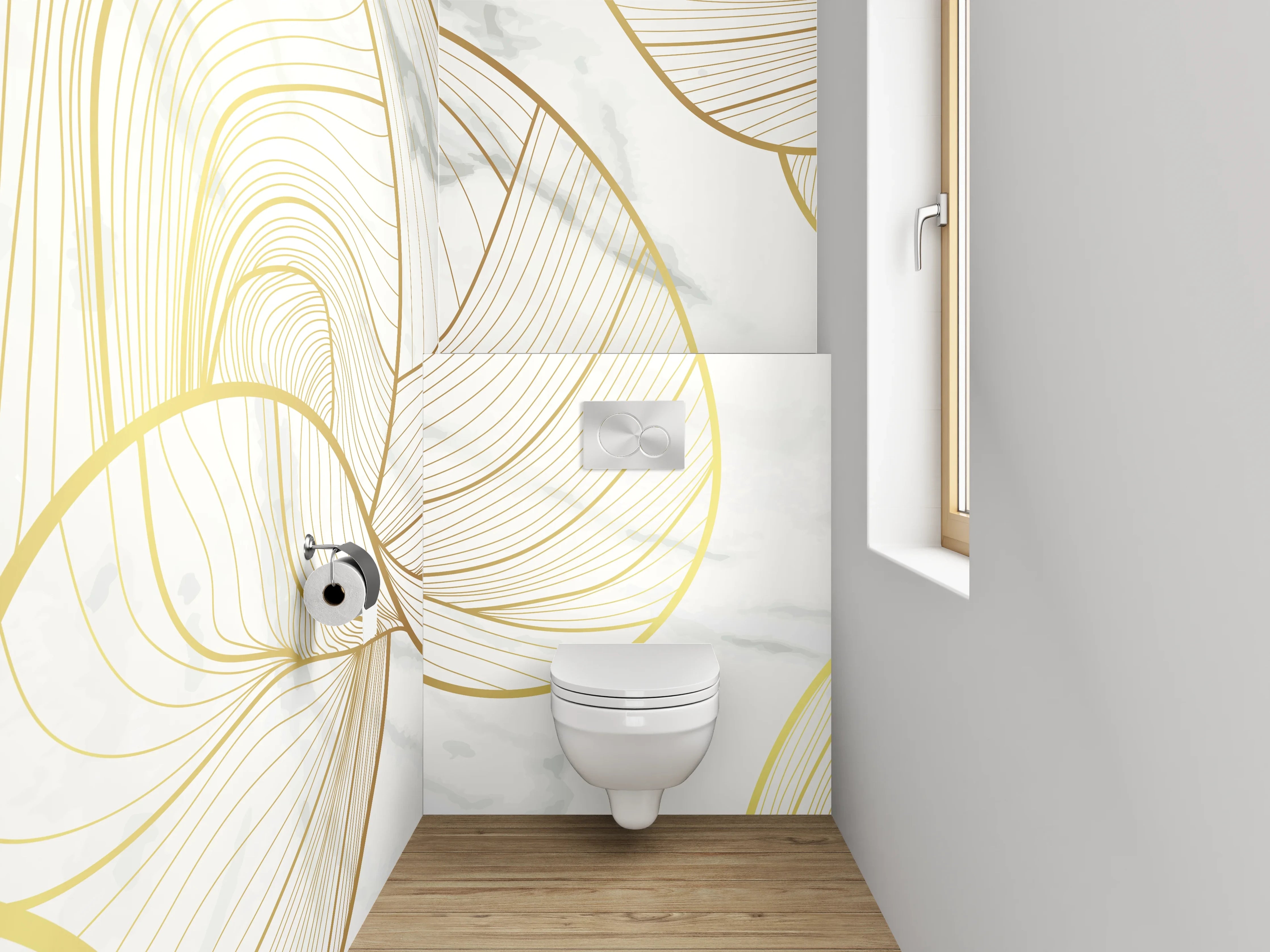 WC-Rückwand - Goldene Lineart auf Marmoroptik