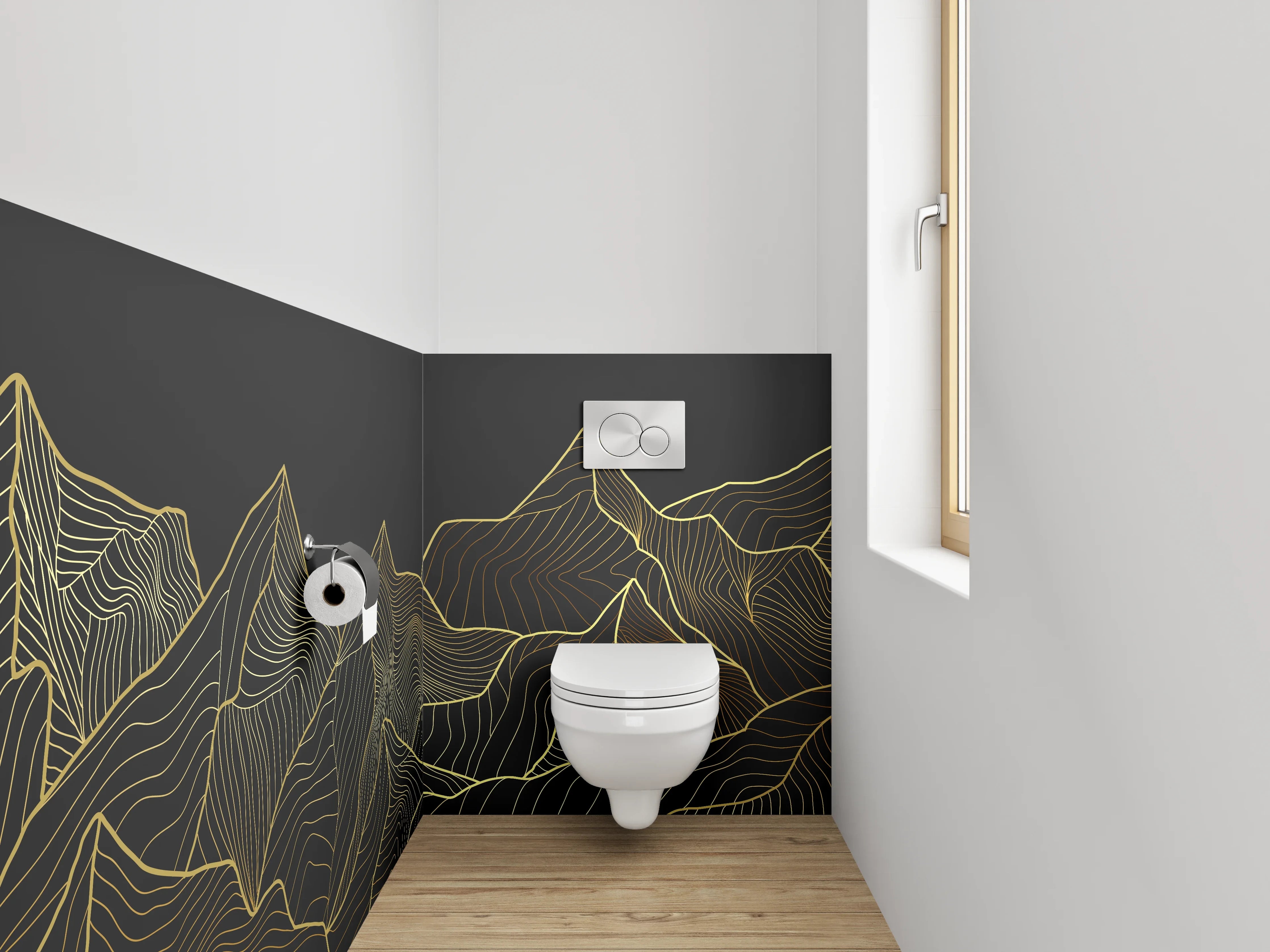 WC-Rückwand - Goldene Linien-Berglandschaft Design