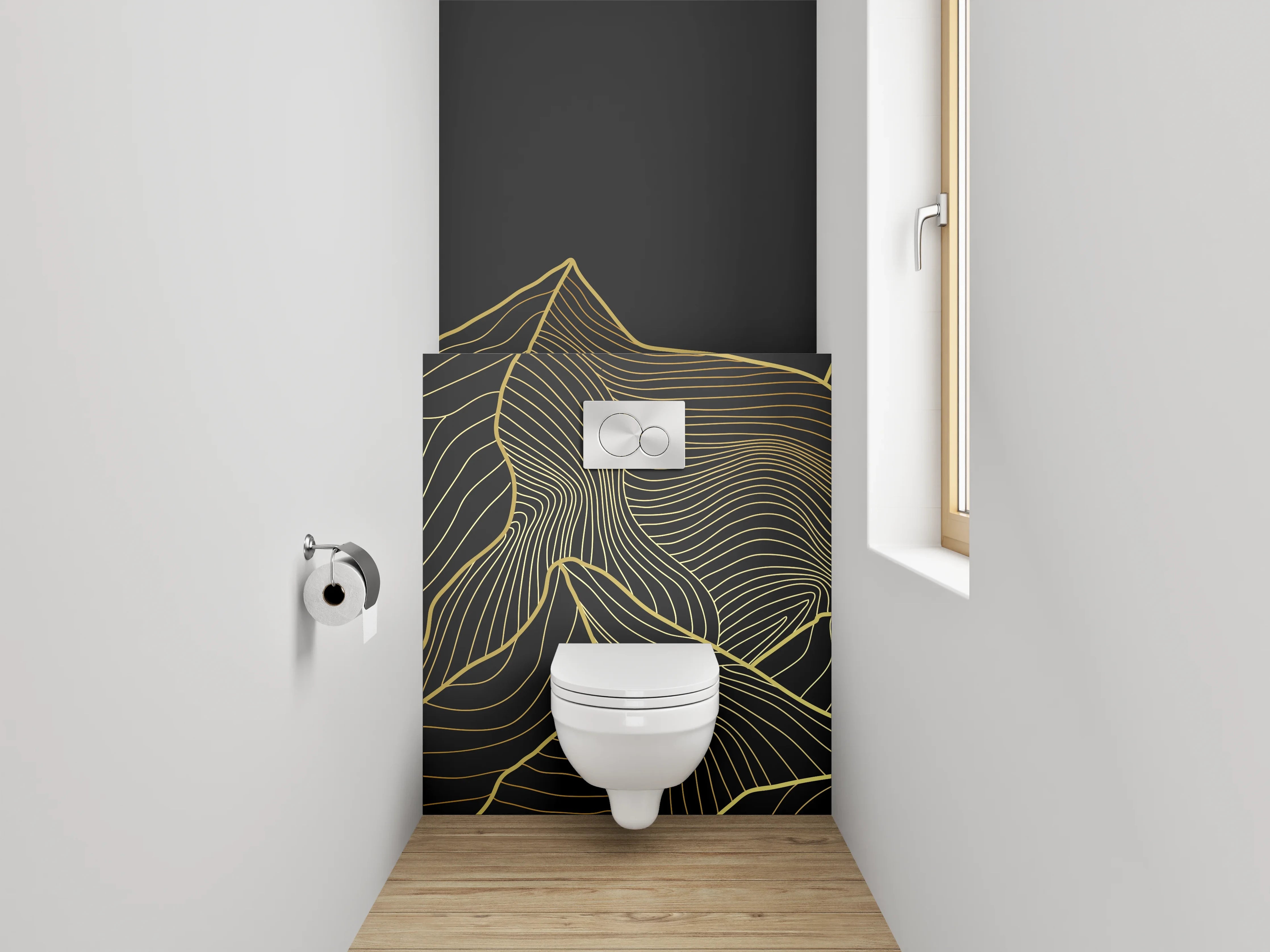 WC-Rückwand - Goldene Linien-Berglandschaft Design