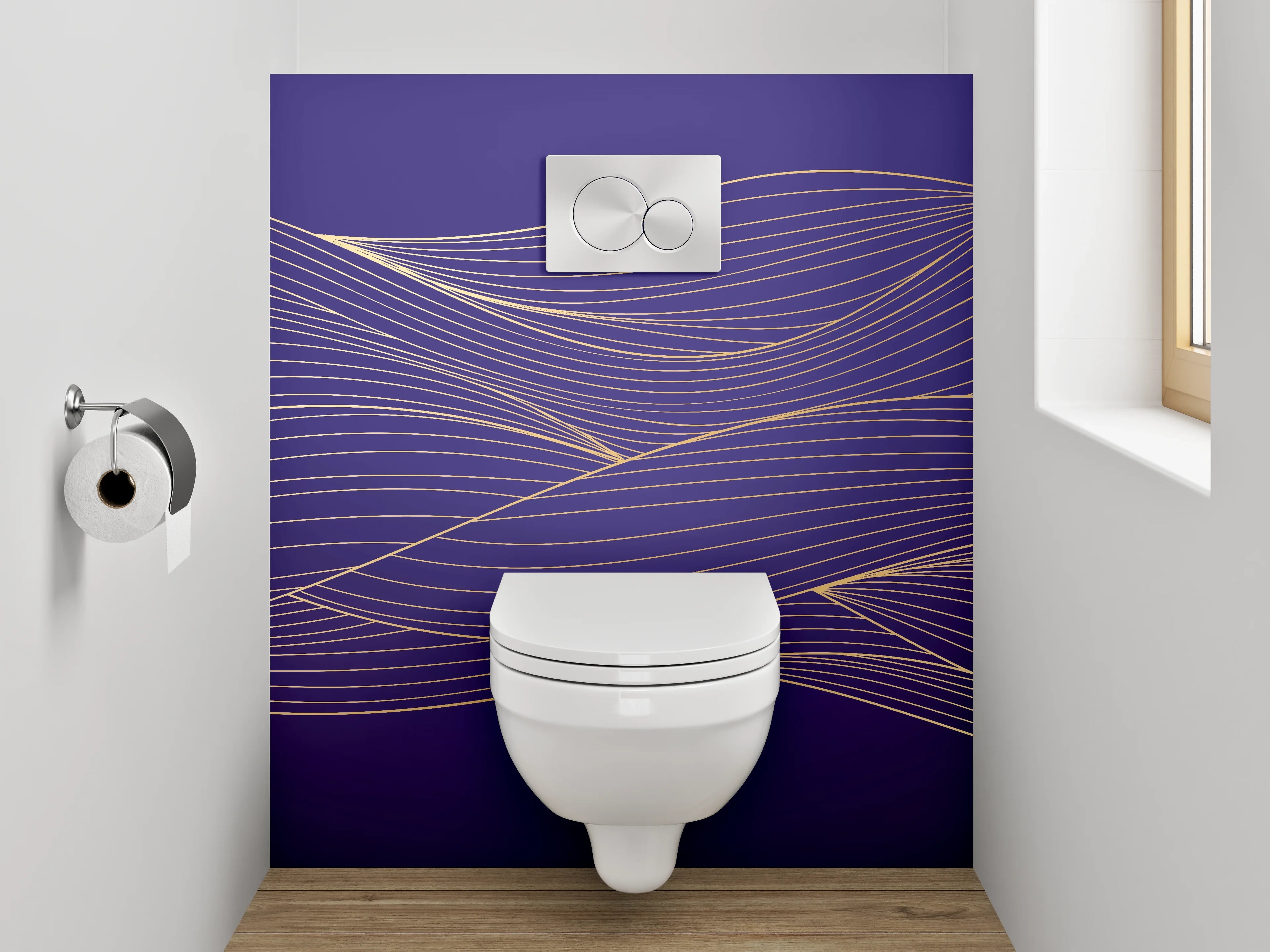 WC-Rückwand - Goldene Linien auf violettem Hintergrund