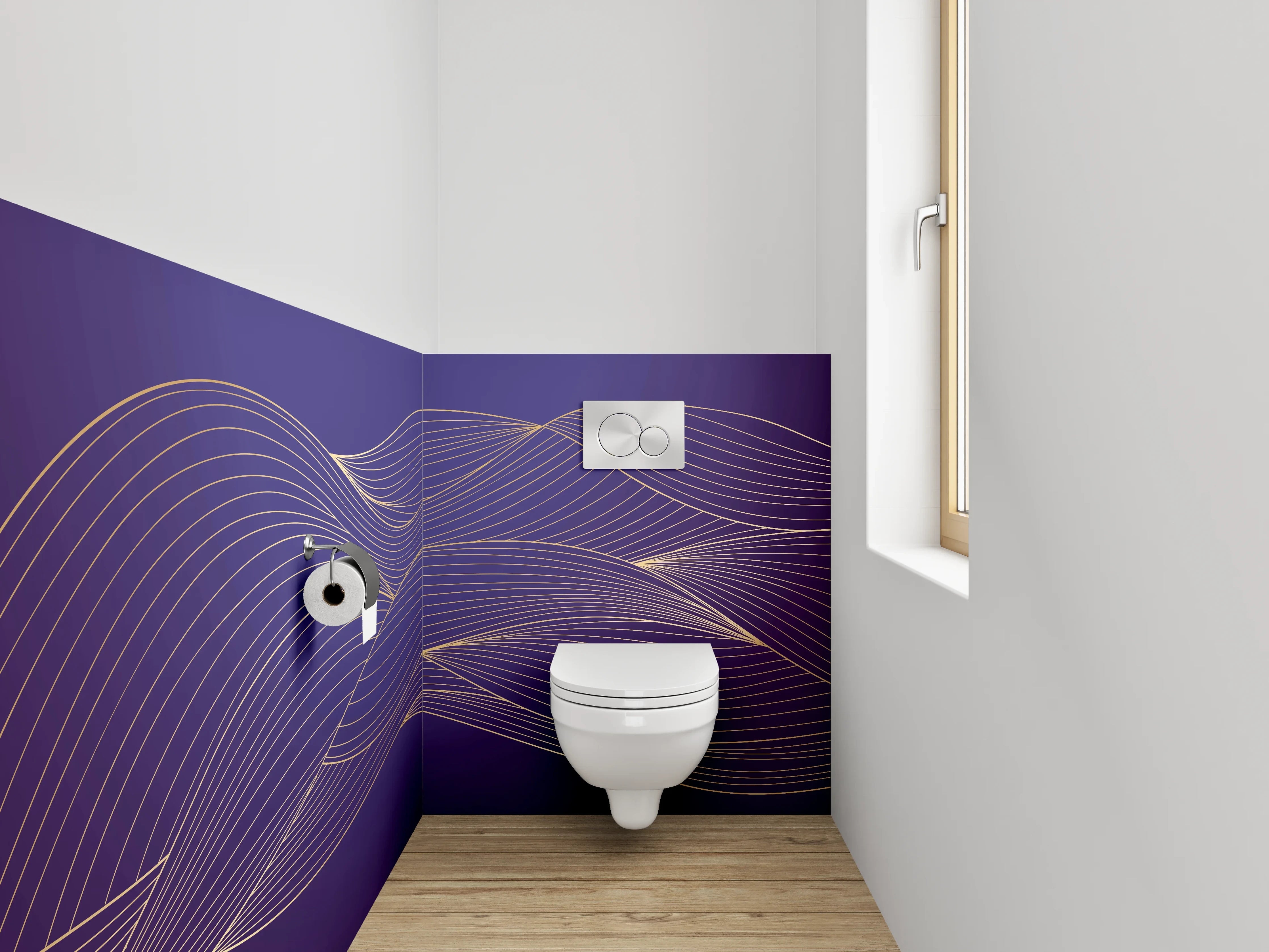 WC-Rückwand - Goldene Linien auf violettem Hintergrund