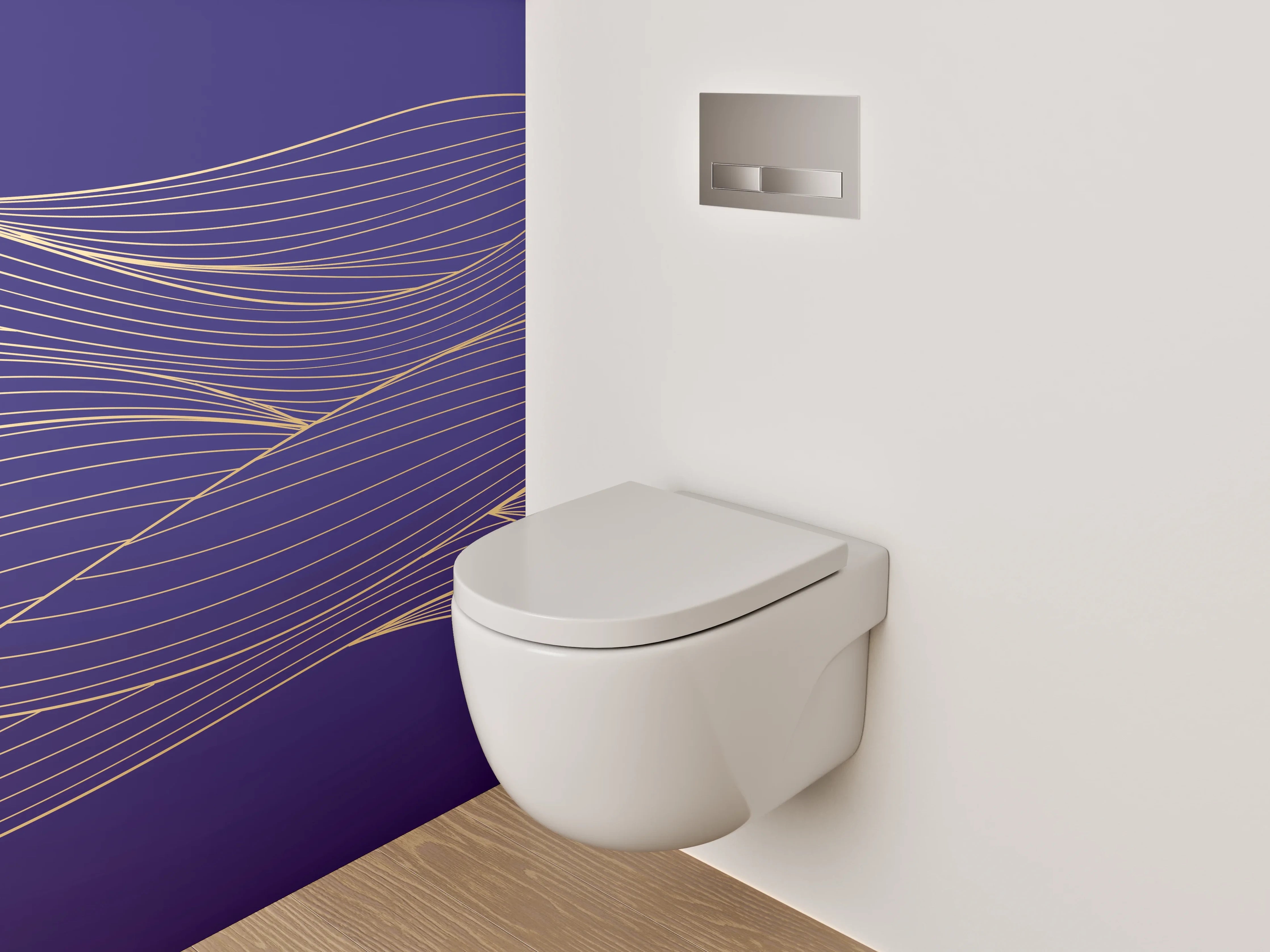 WC-Rückwand - Goldene Linien auf violettem Hintergrund