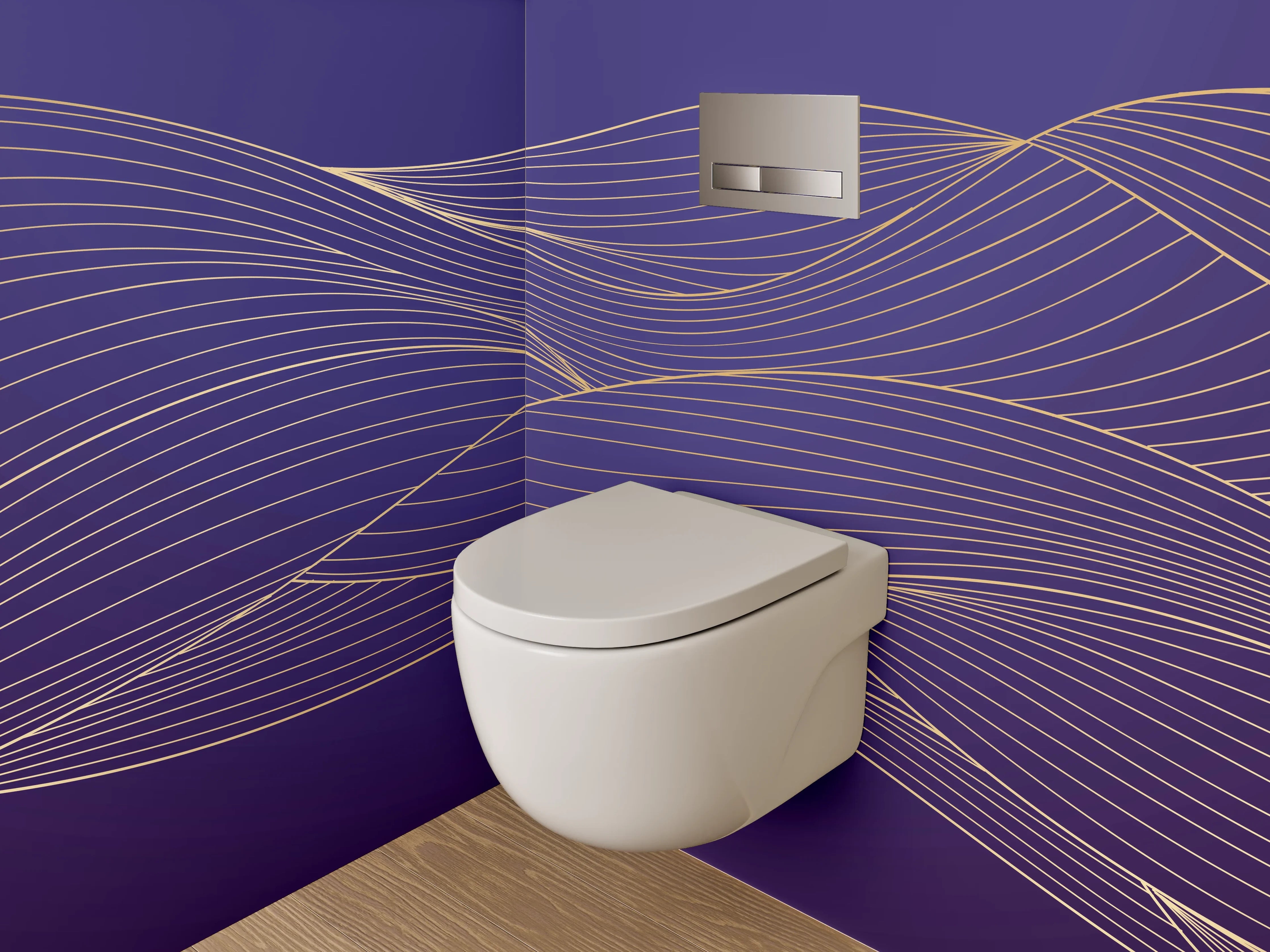 WC-Rückwand - Goldene Linien auf violettem Hintergrund