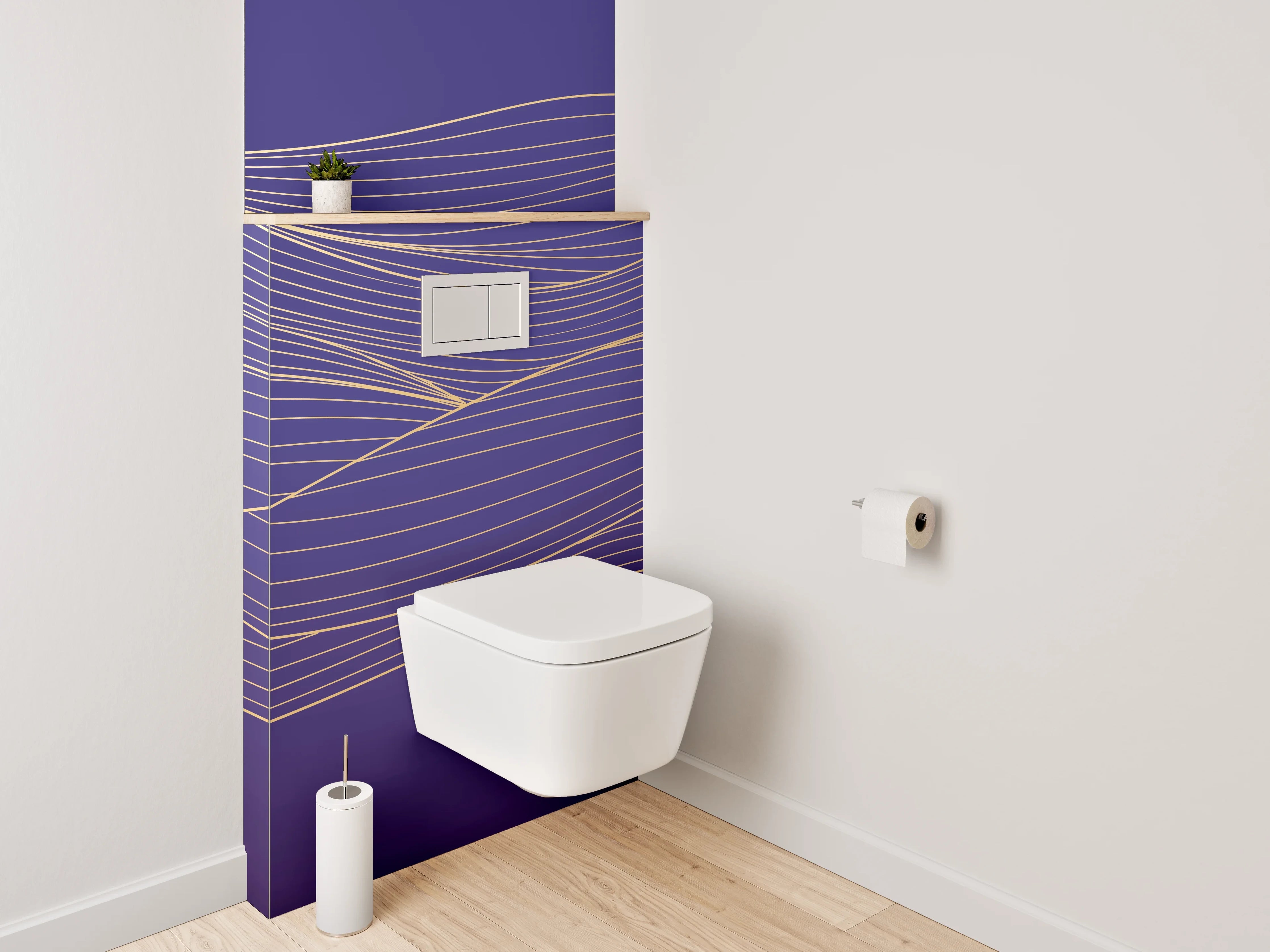 WC-Rückwand - Goldene Linien auf violettem Hintergrund
