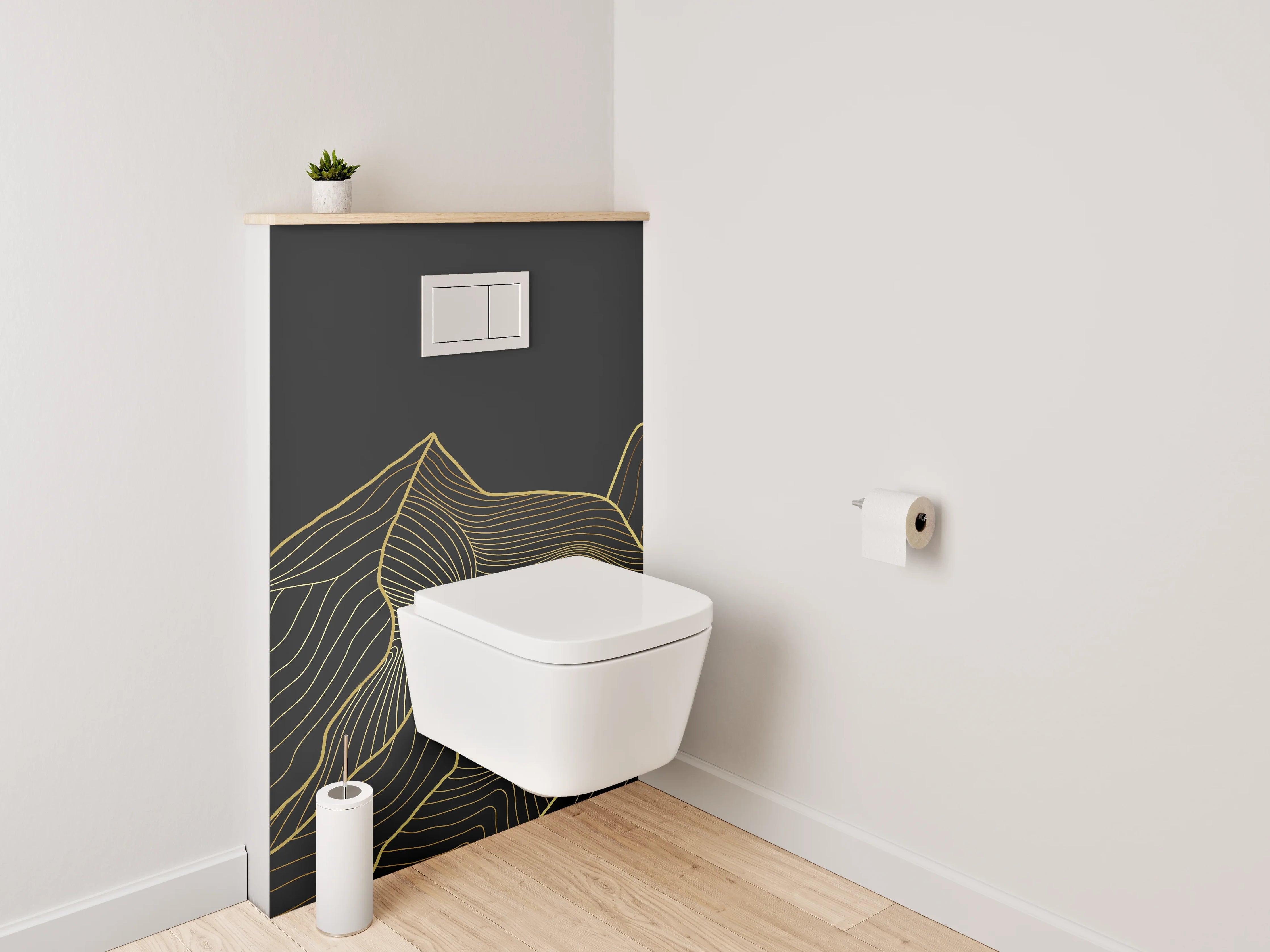 WC-Rückwand - Goldene Linienkunst Berge