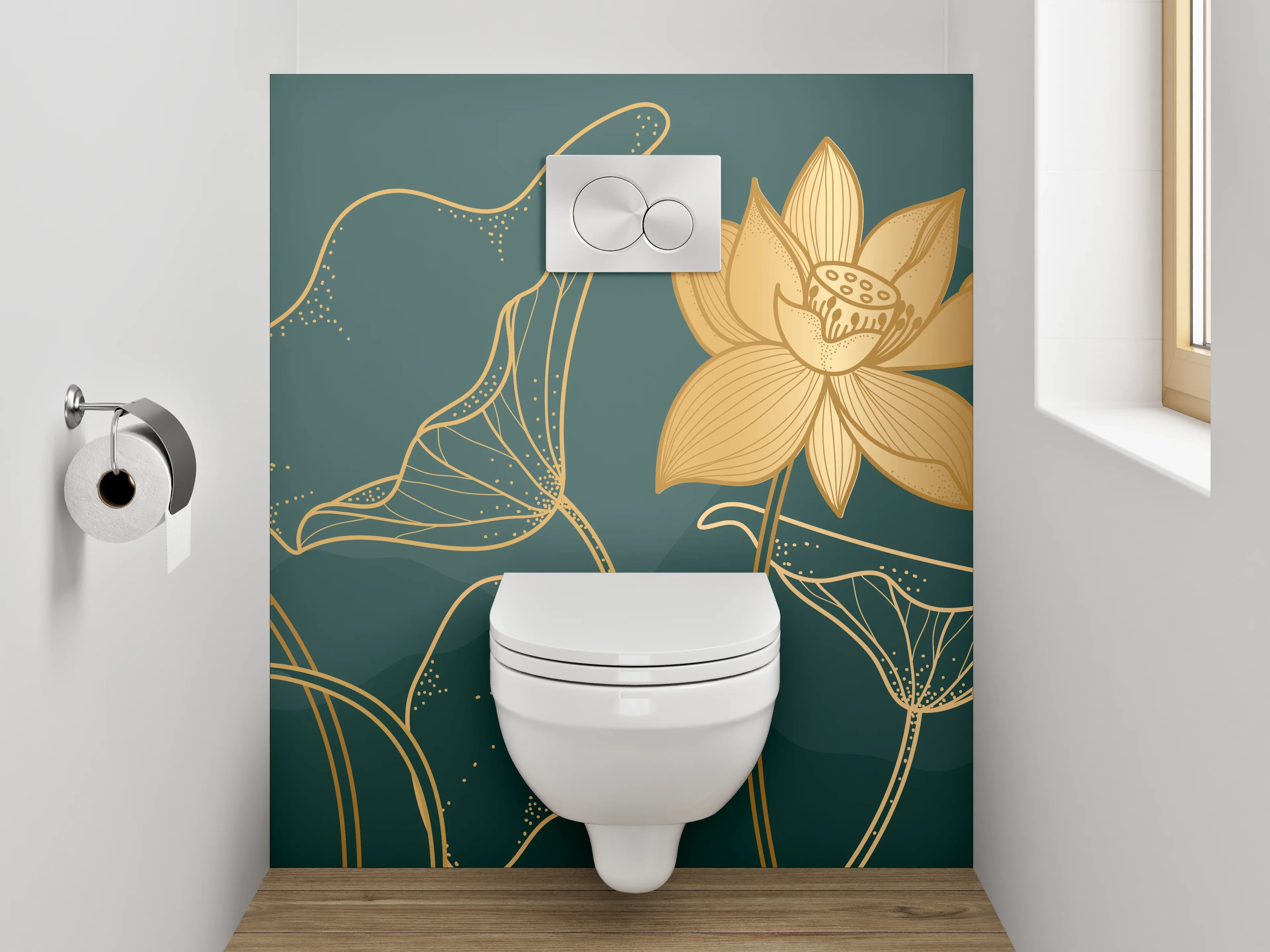 WC-Rückwand - Goldene Lotusblüten Line-Art Design