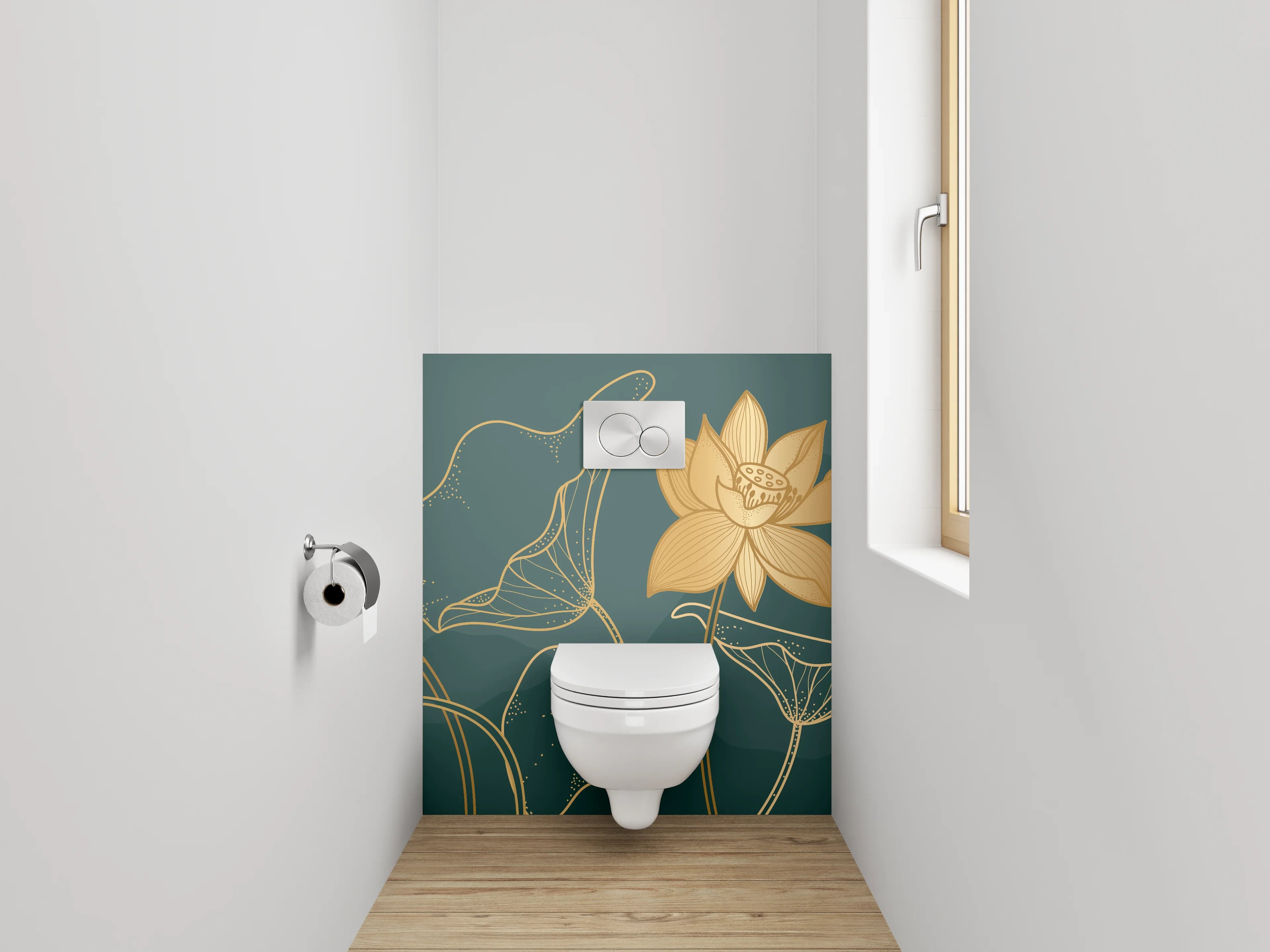 WC-Rückwand - Goldene Lotusblüten Line-Art Design