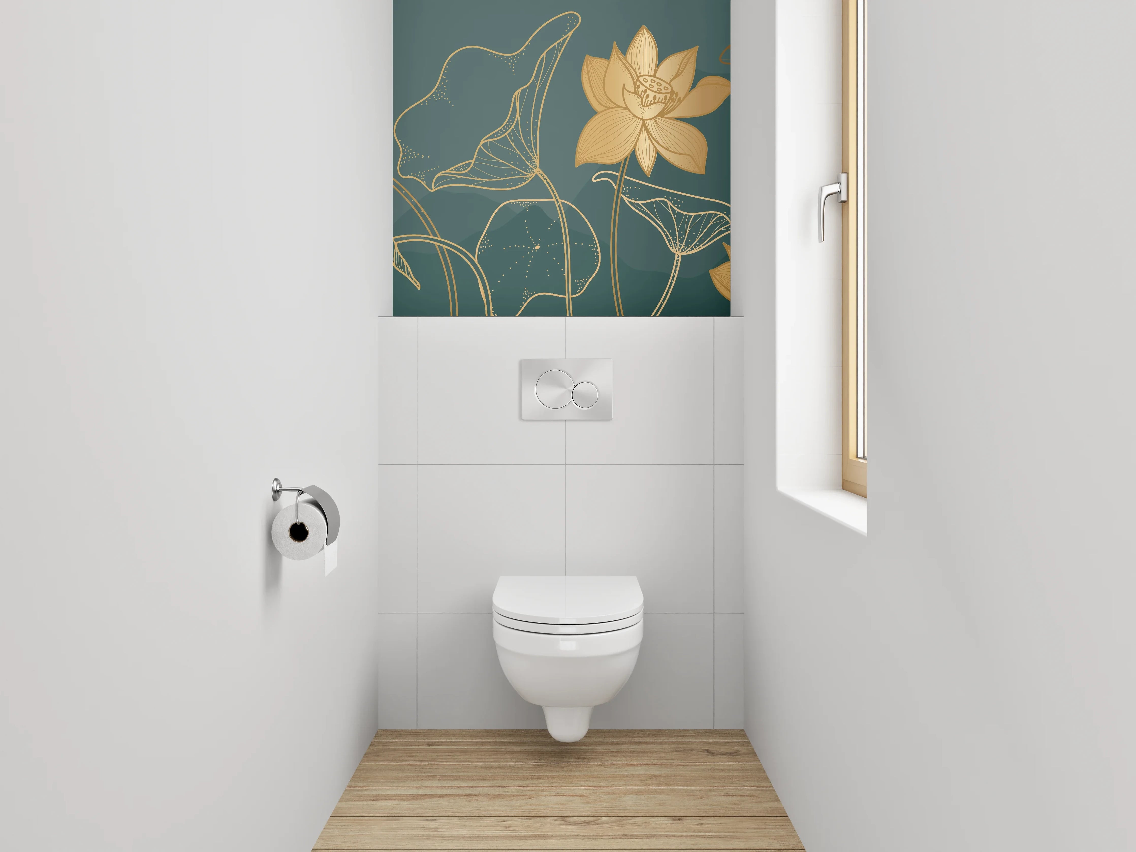 WC-Rückwand - Goldene Lotusblüten Line-Art Design