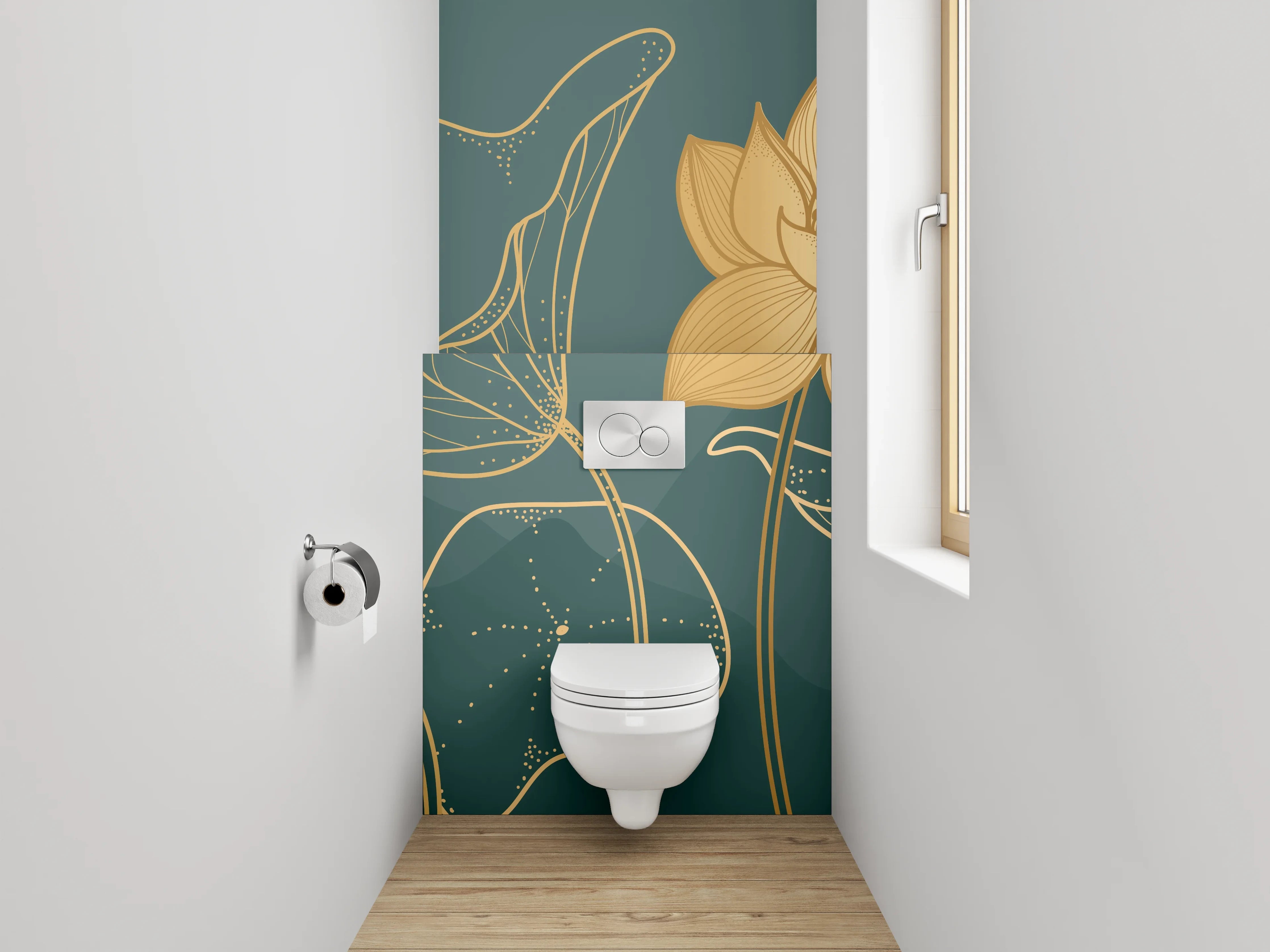 WC-Rückwand - Goldene Lotusblüten Line-Art Design