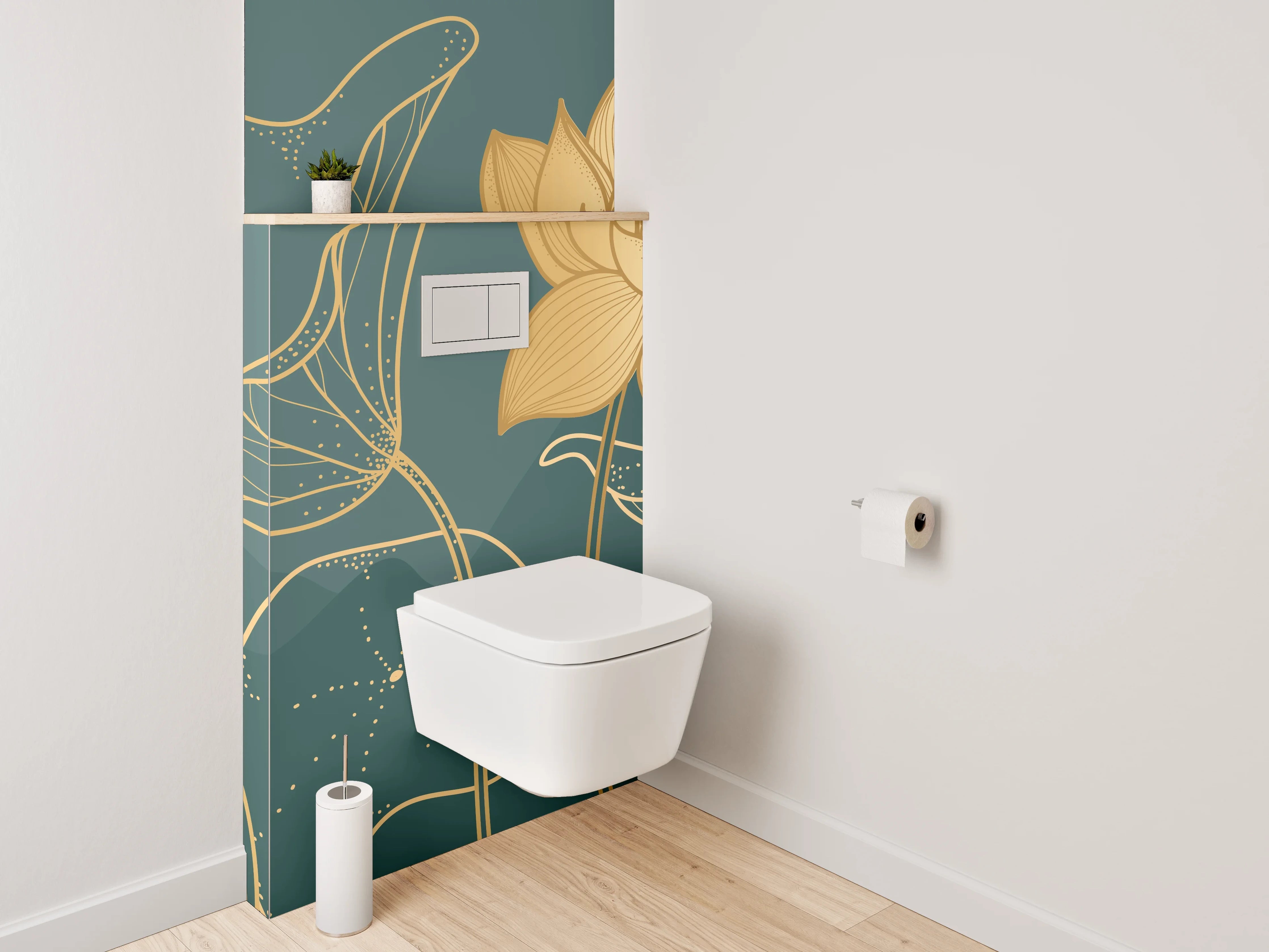 WC-Rückwand - Goldene Lotusblüten Line-Art Design