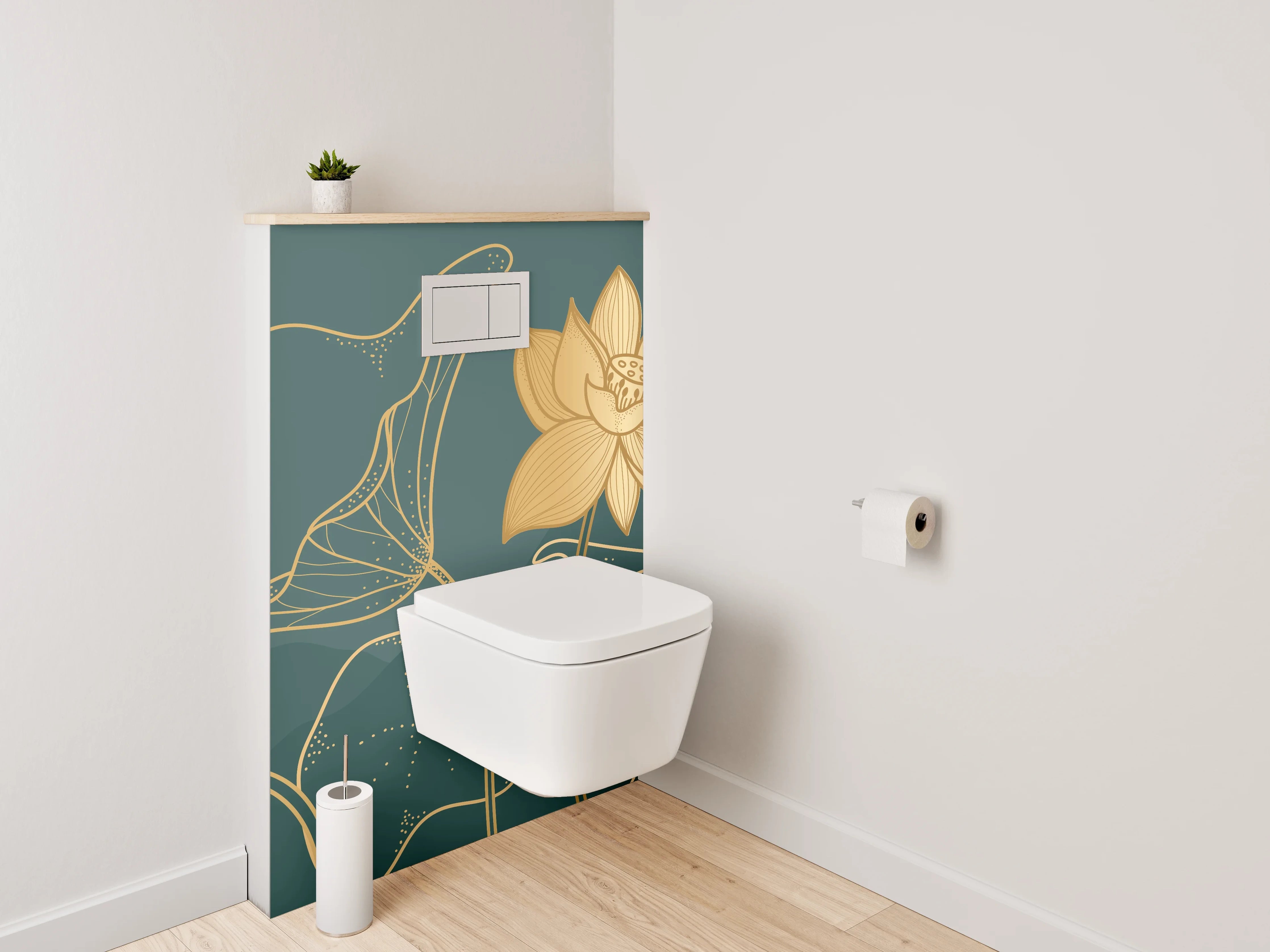 WC-Rückwand - Goldene Lotusblüten Line-Art Design
