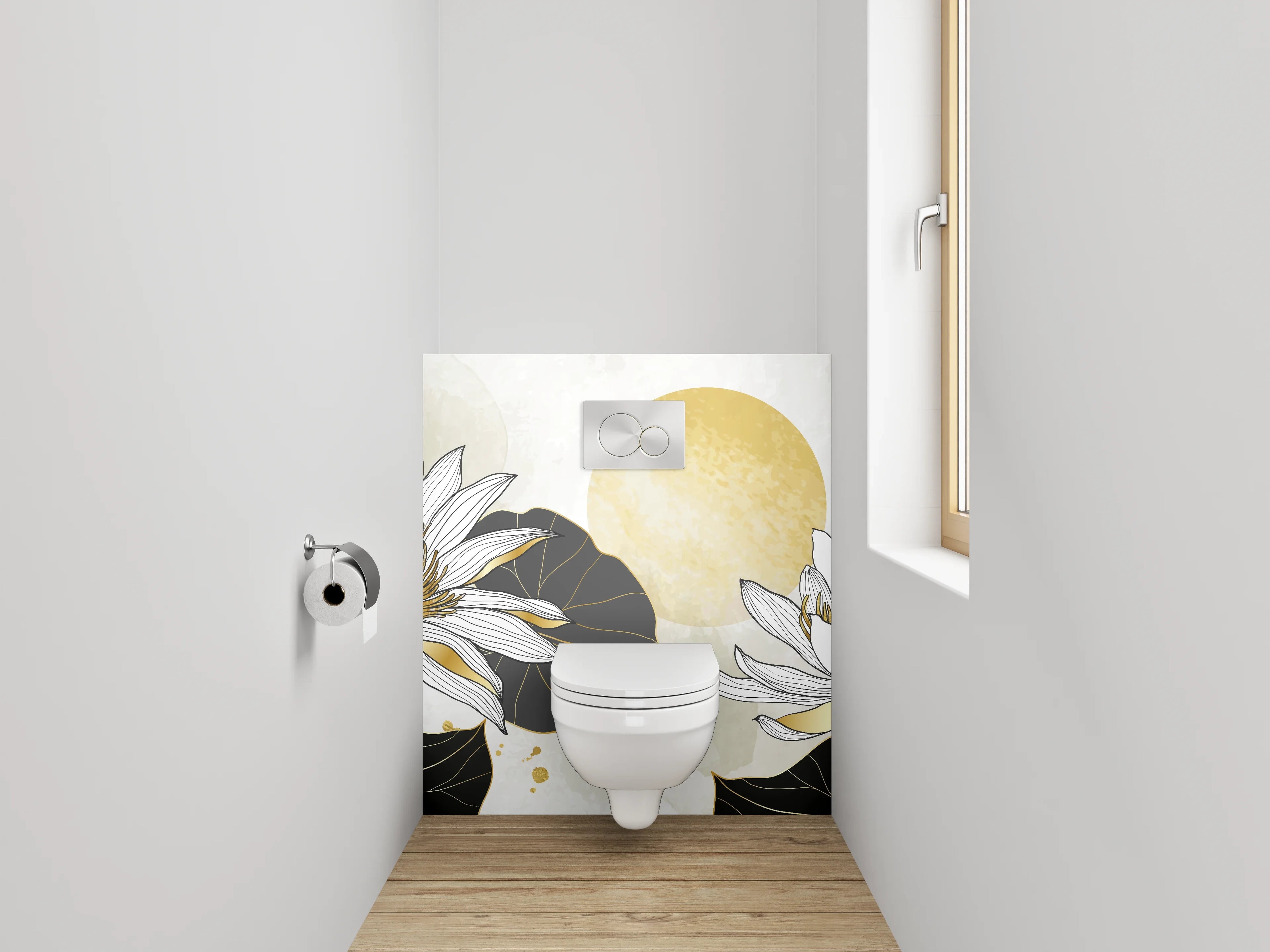 WC-Rückwand - Goldene Lotusblüten auf weißem Hintergrund