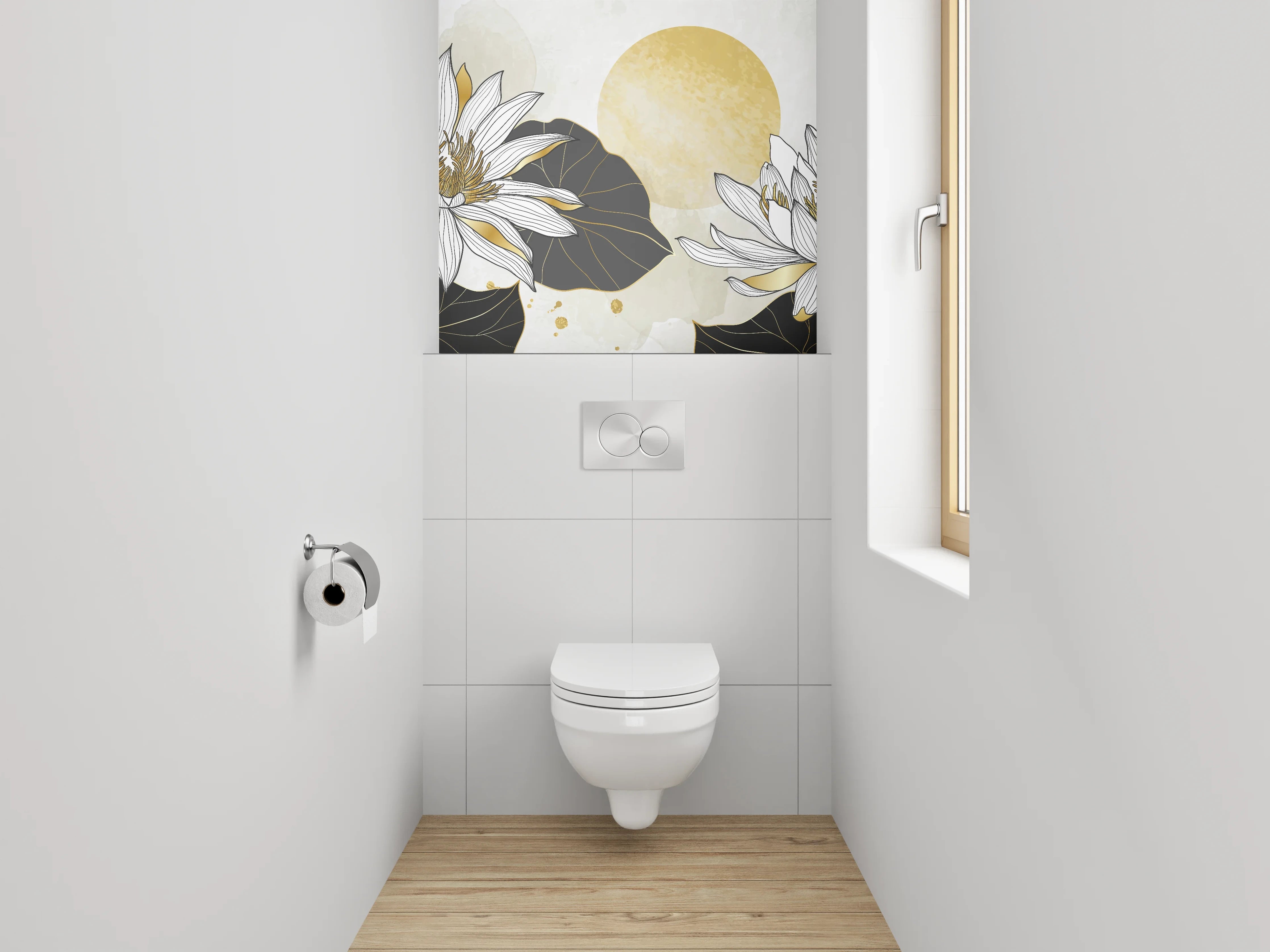 WC-Rückwand - Goldene Lotusblüten auf weißem Hintergrund