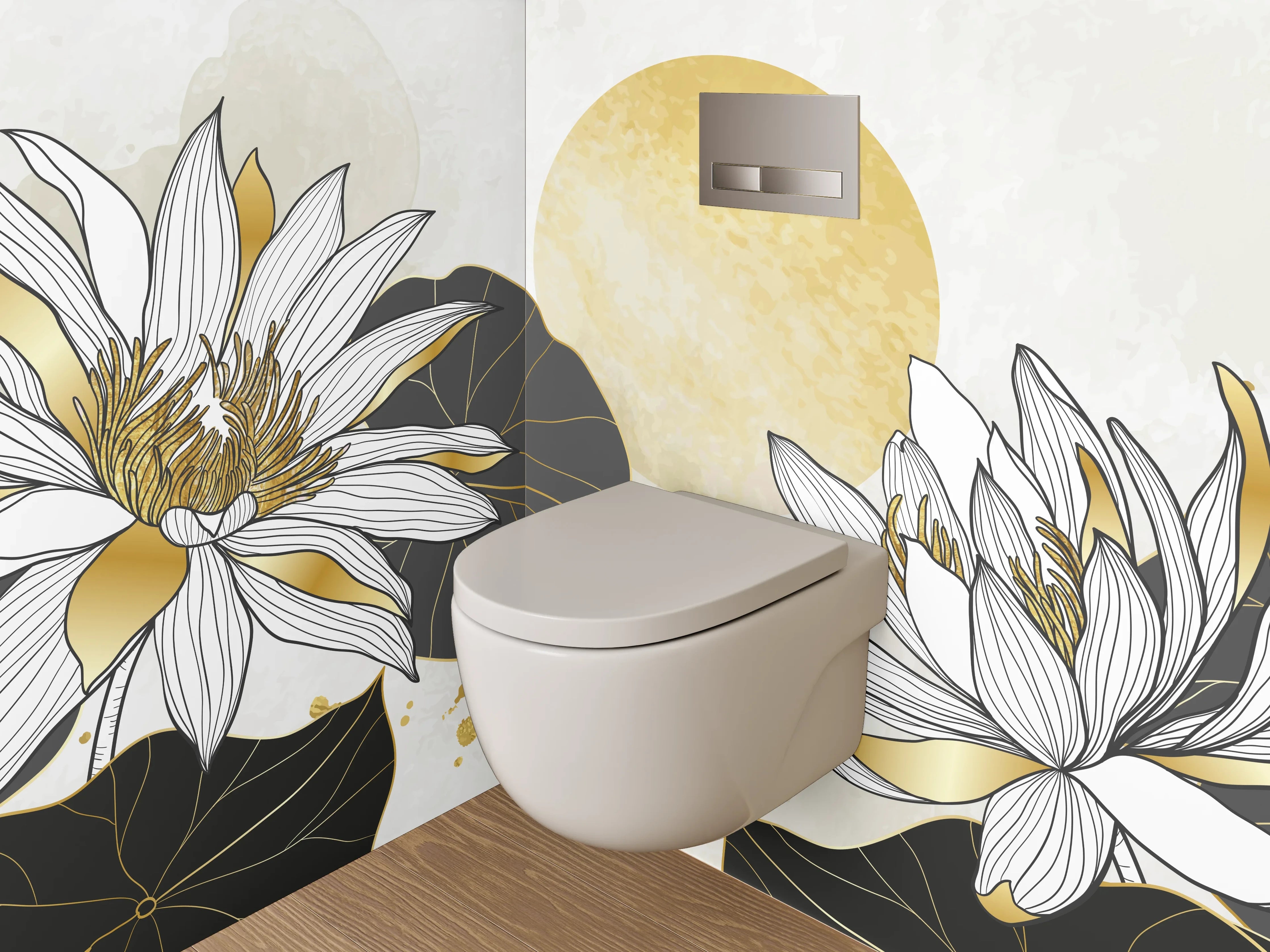WC-Rückwand - Goldene Lotusblüten auf weißem Hintergrund