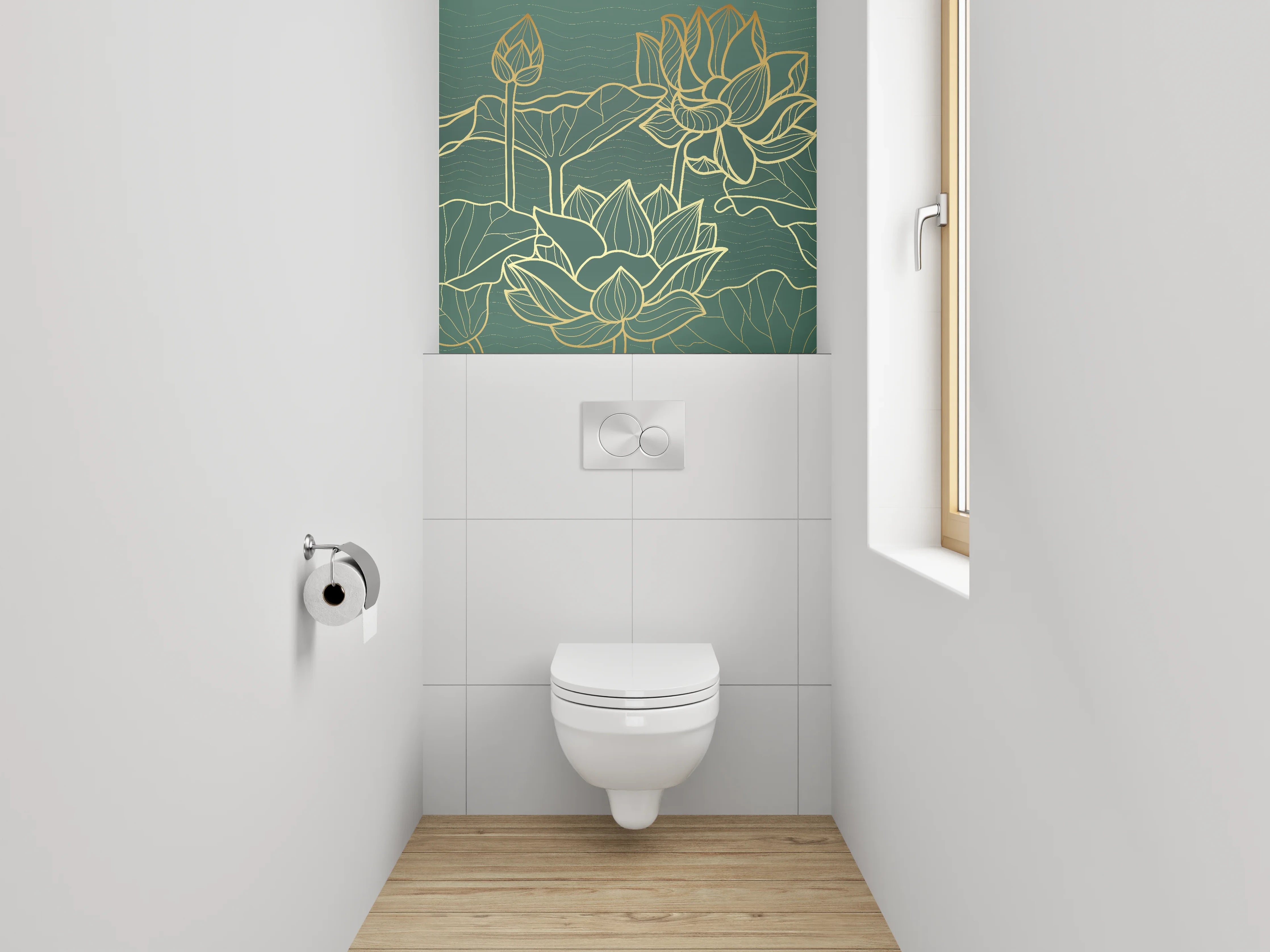 WC-Rückwand - Goldene Lotusblumen Lineart Kunst