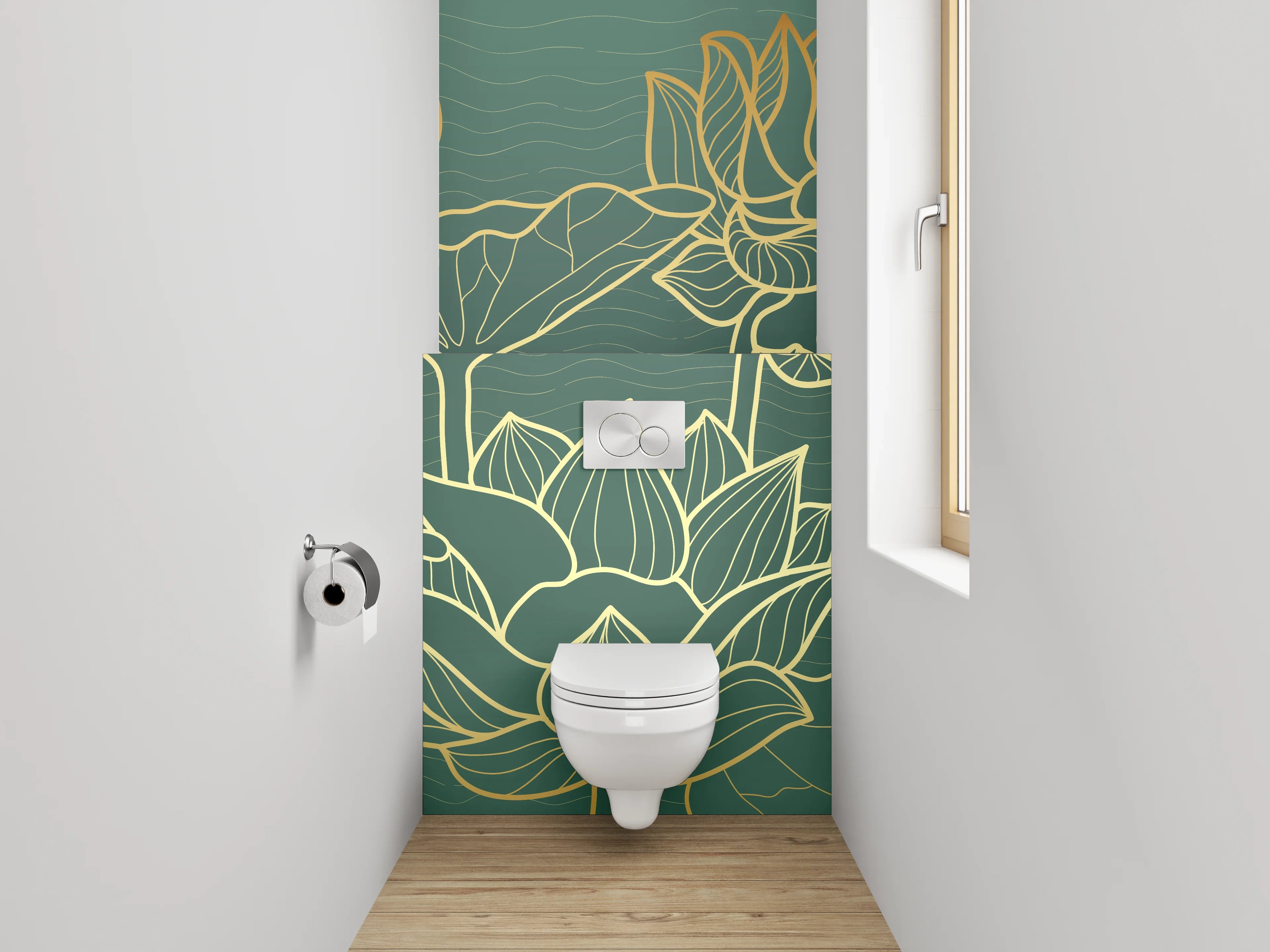 WC-Rückwand - Goldene Lotusblumen Lineart Kunst