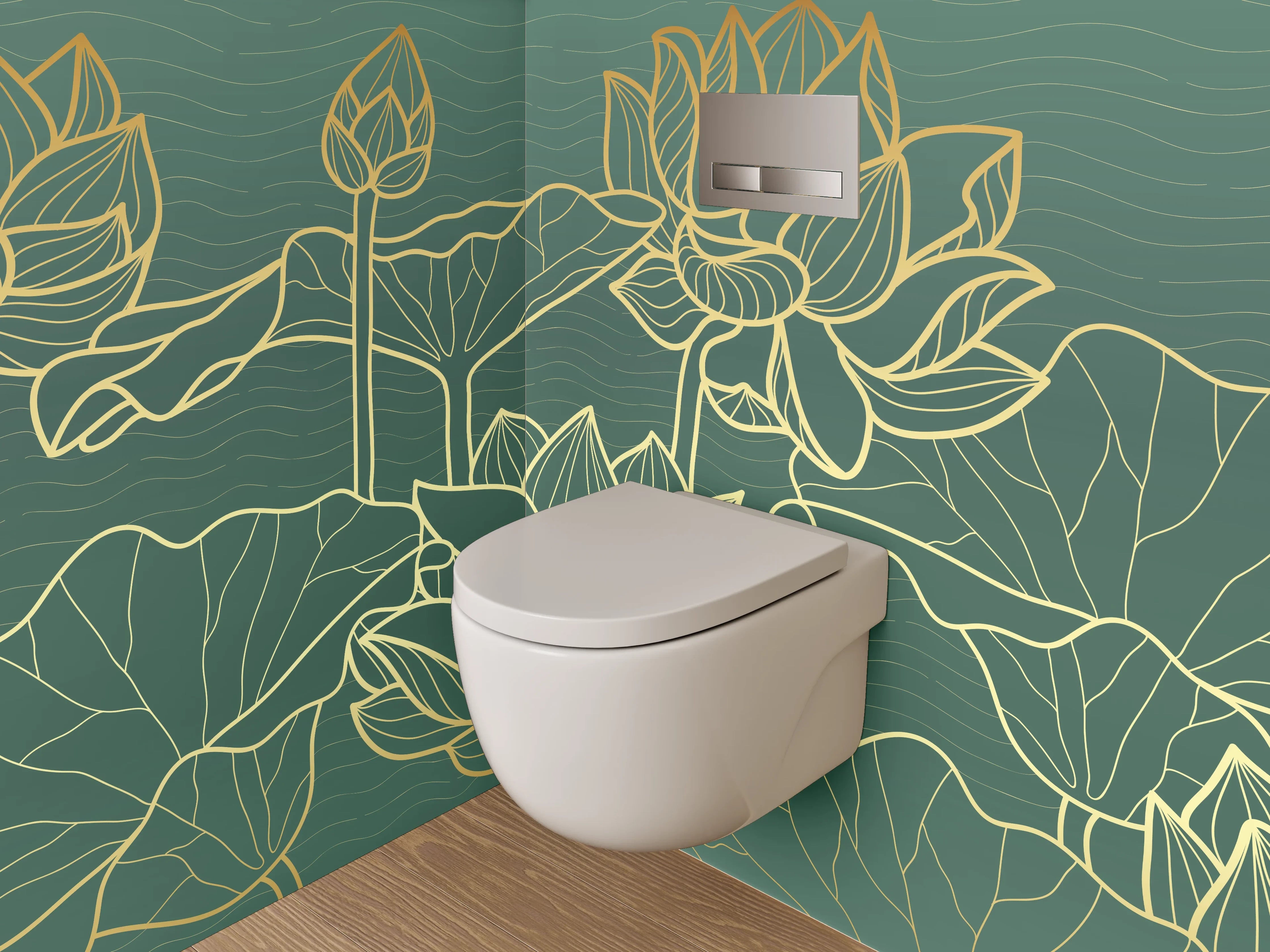 WC-Rückwand - Goldene Lotusblumen Lineart Kunst