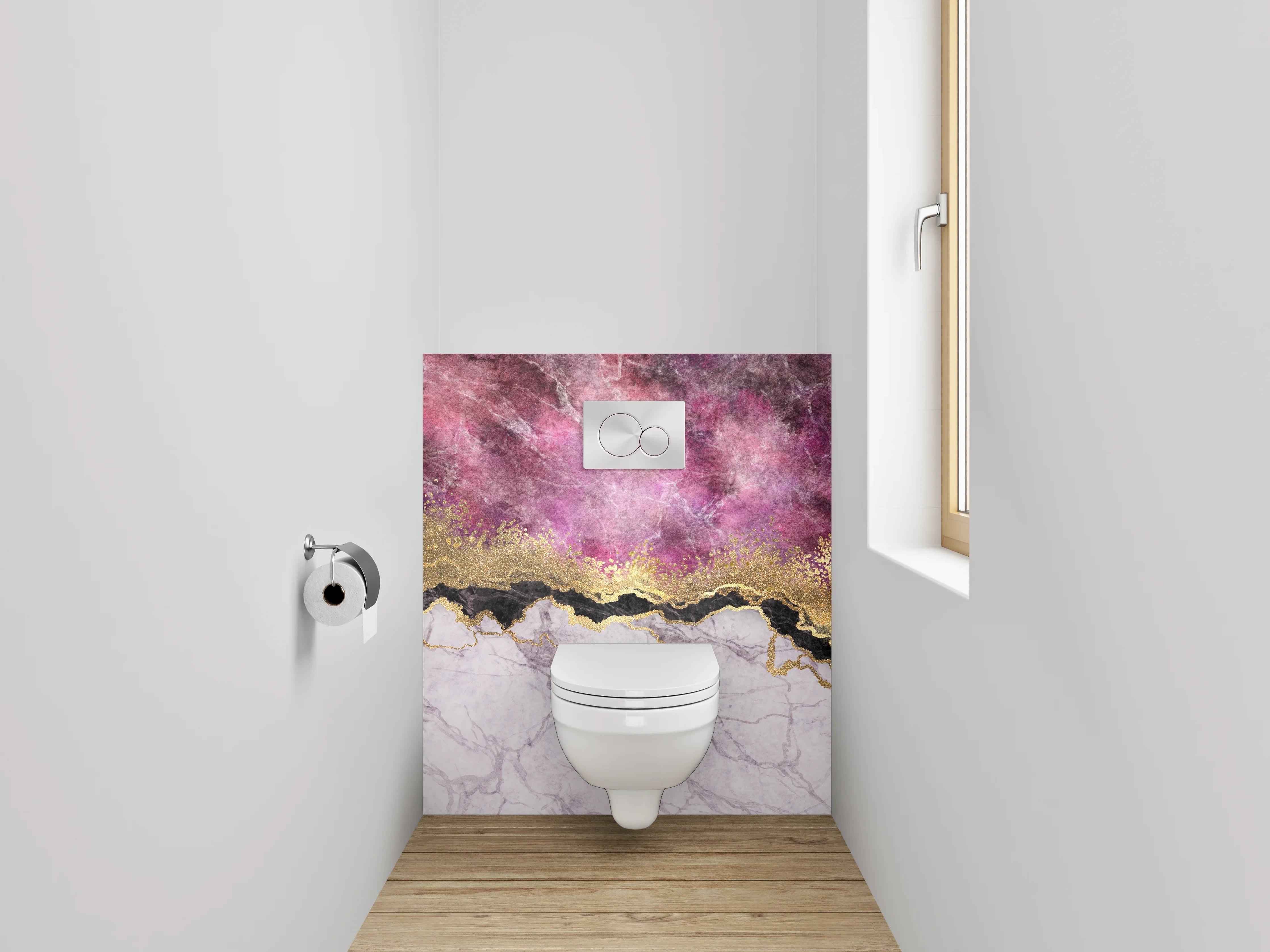 WC-Rückwand - Goldene Marmor-Optik mit Lila Highlights