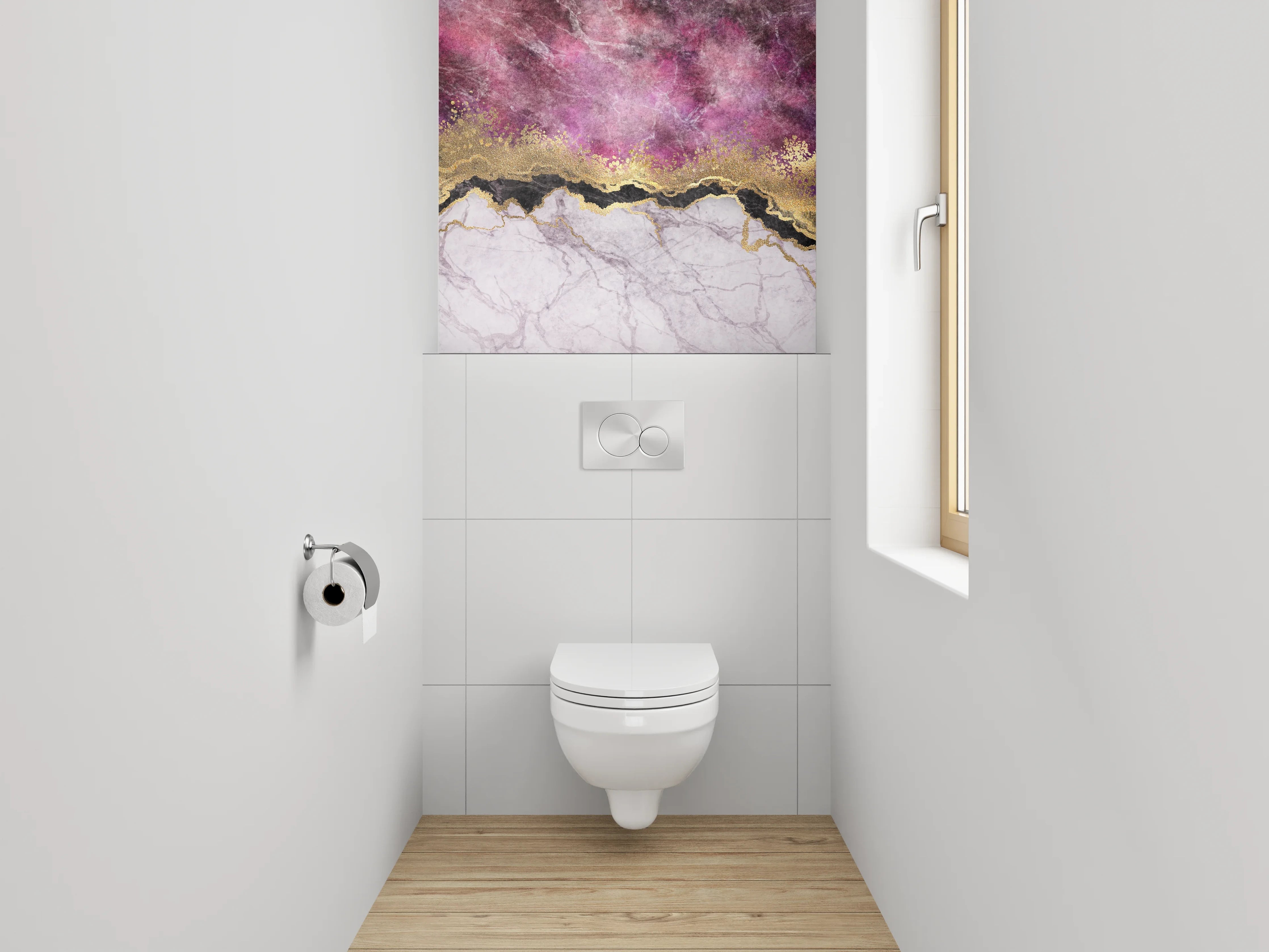 WC-Rückwand - Goldene Marmor-Optik mit Lila Highlights