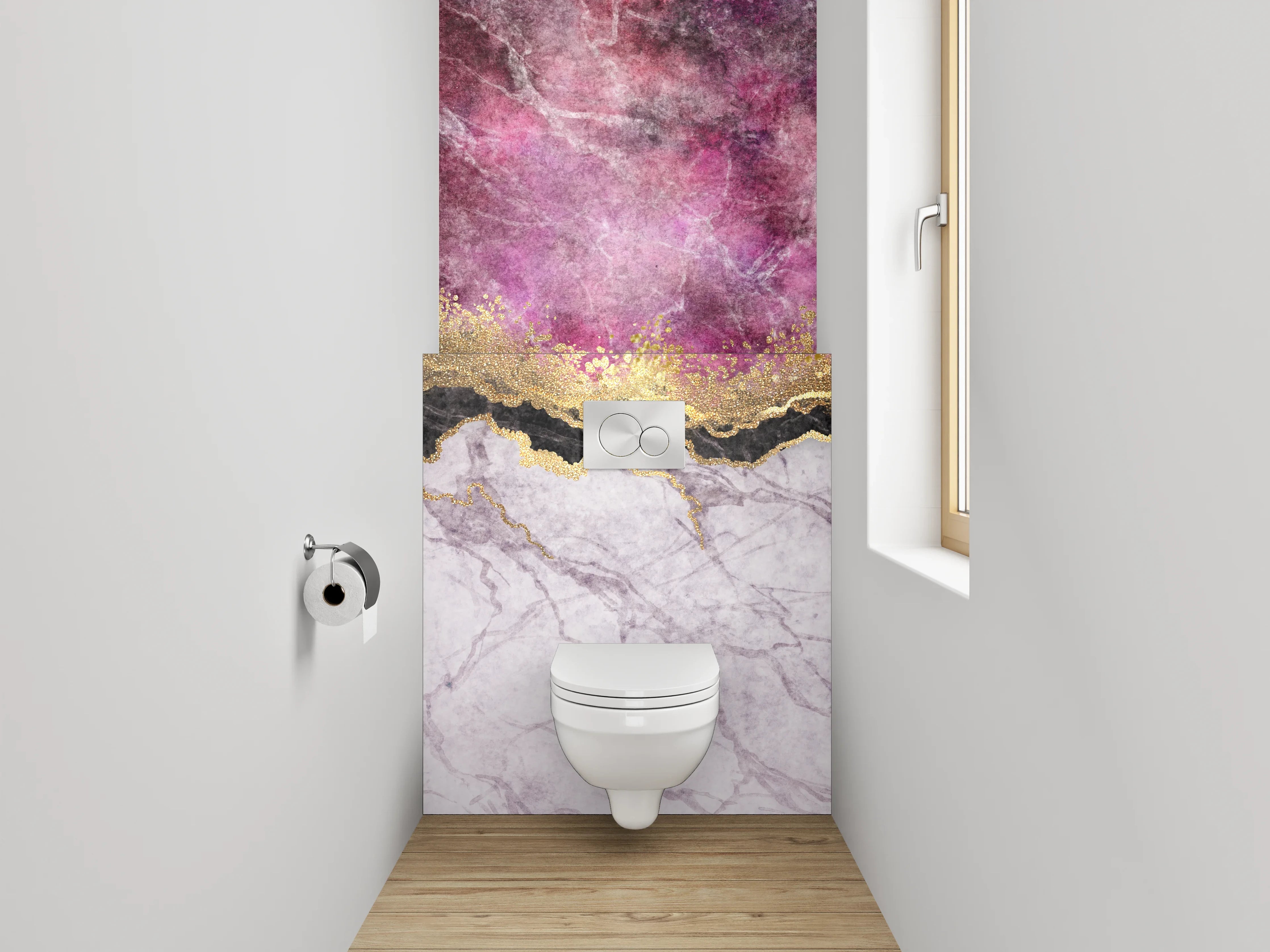 WC-Rückwand - Goldene Marmor-Optik mit Lila Highlights