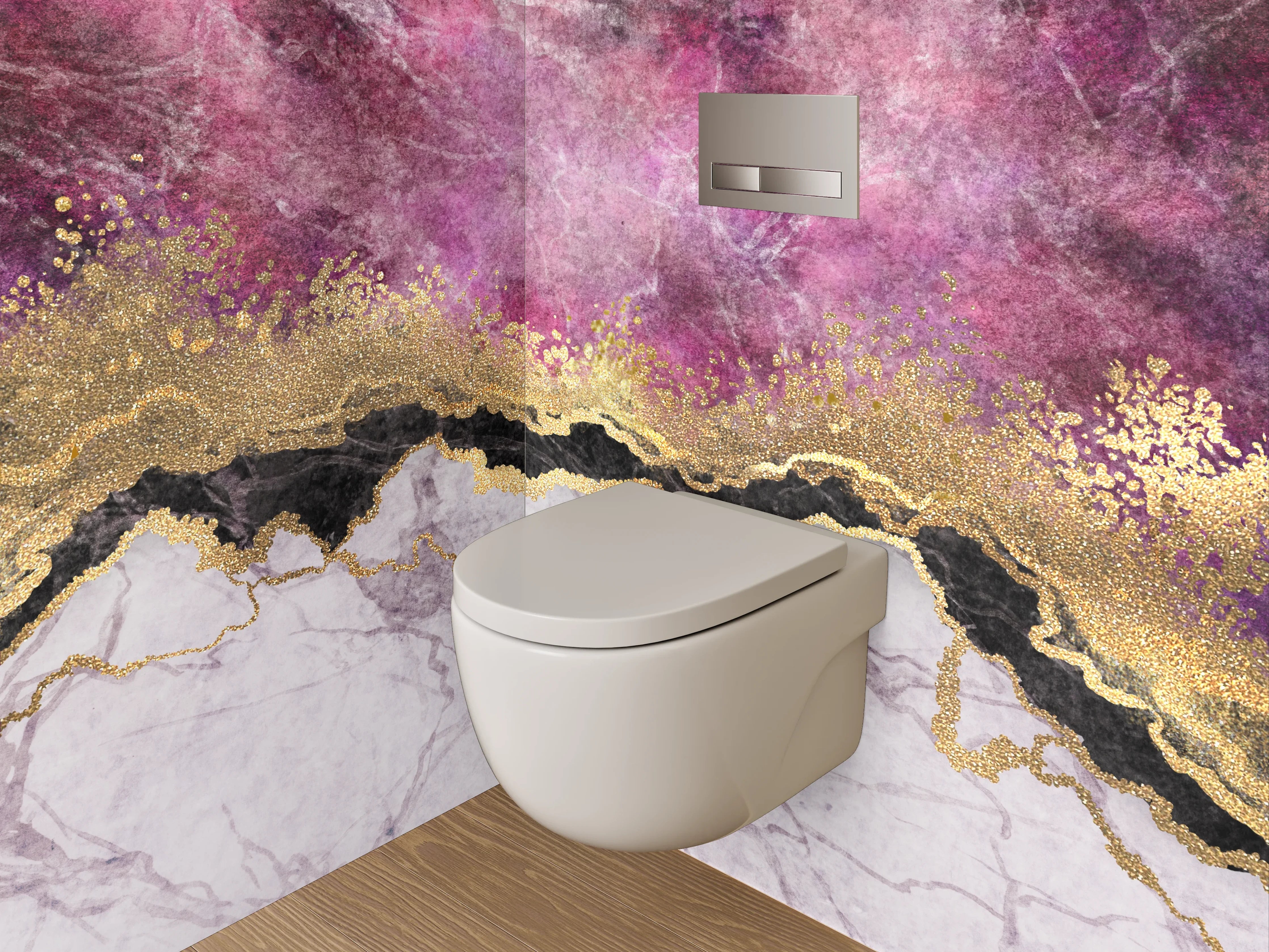 WC-Rückwand - Goldene Marmor-Optik mit Lila Highlights
