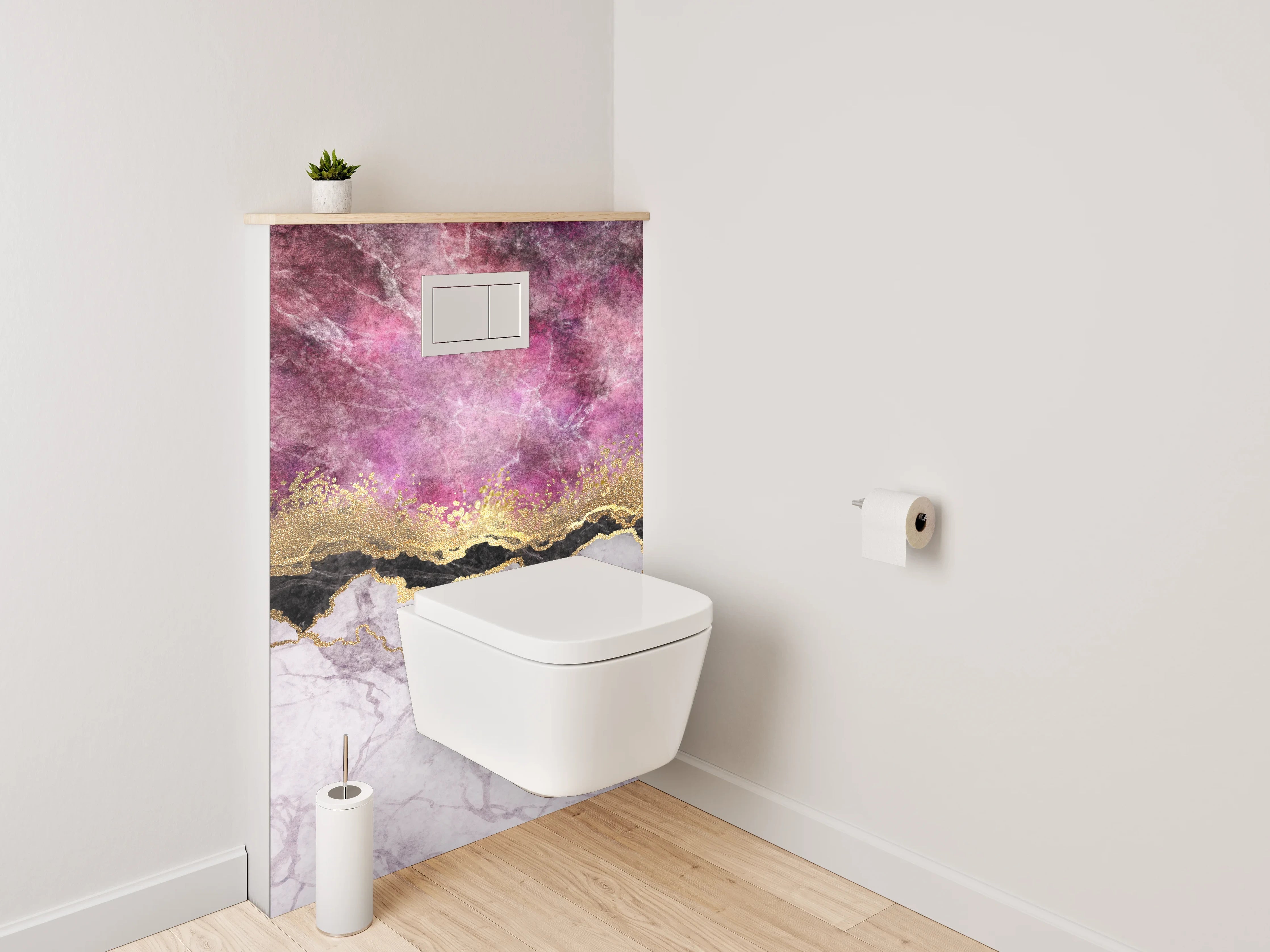 WC-Rückwand - Goldene Marmor-Optik mit Lila Highlights