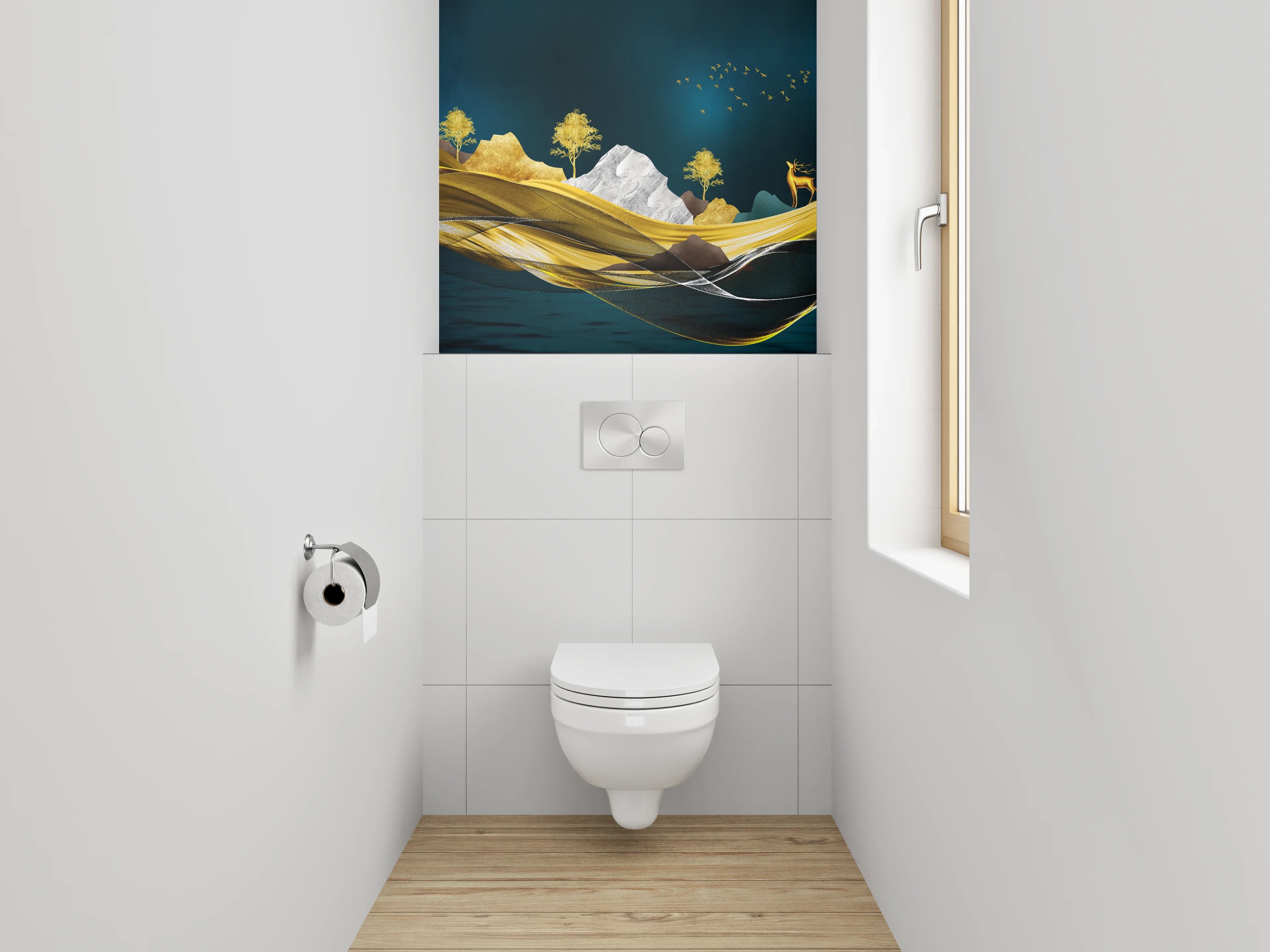 WC-Rückwand - Goldene Traumlandschaft – Hirsch & Berge