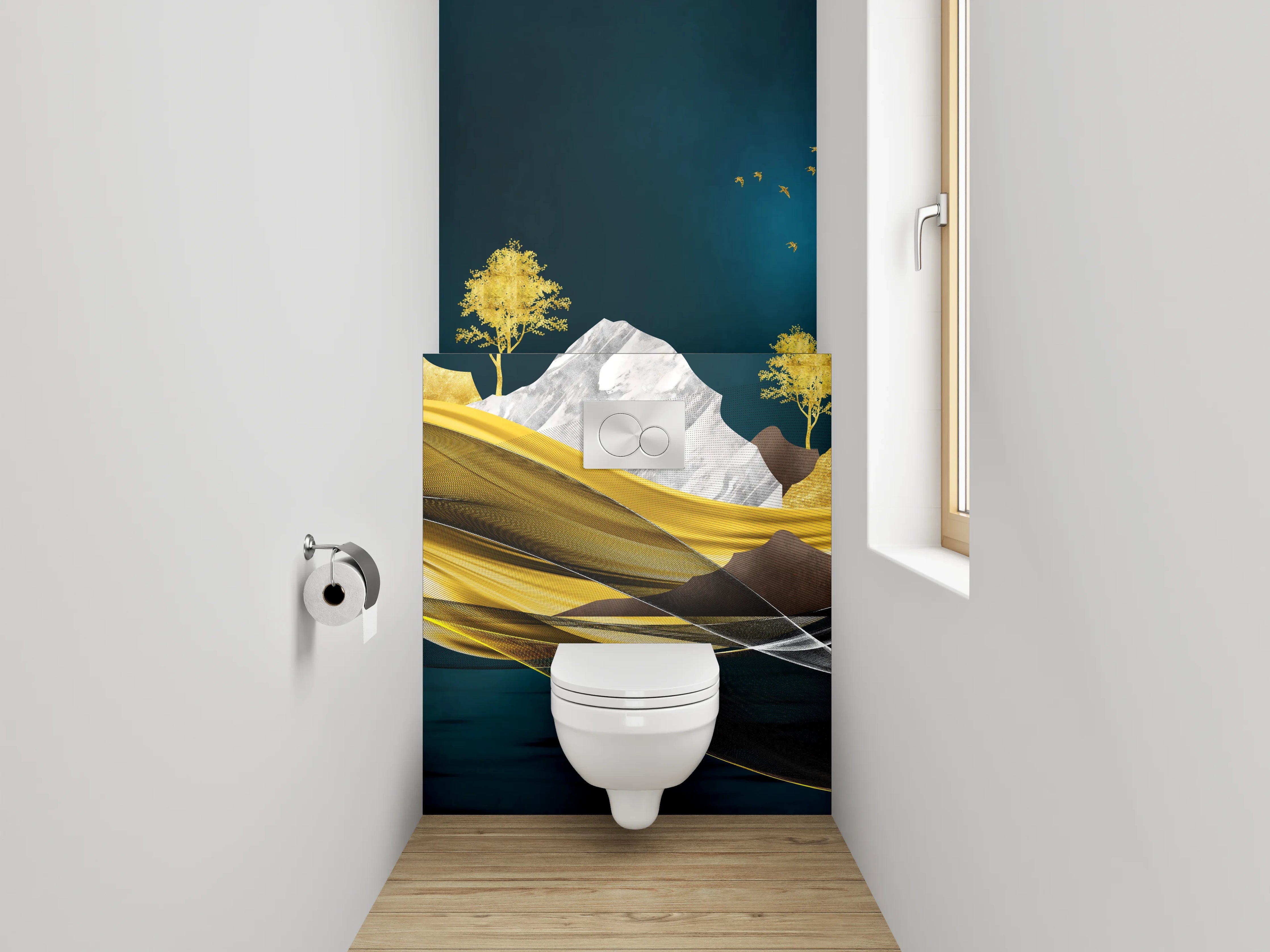 WC-Rückwand - Goldene Traumlandschaft – Hirsch & Berge