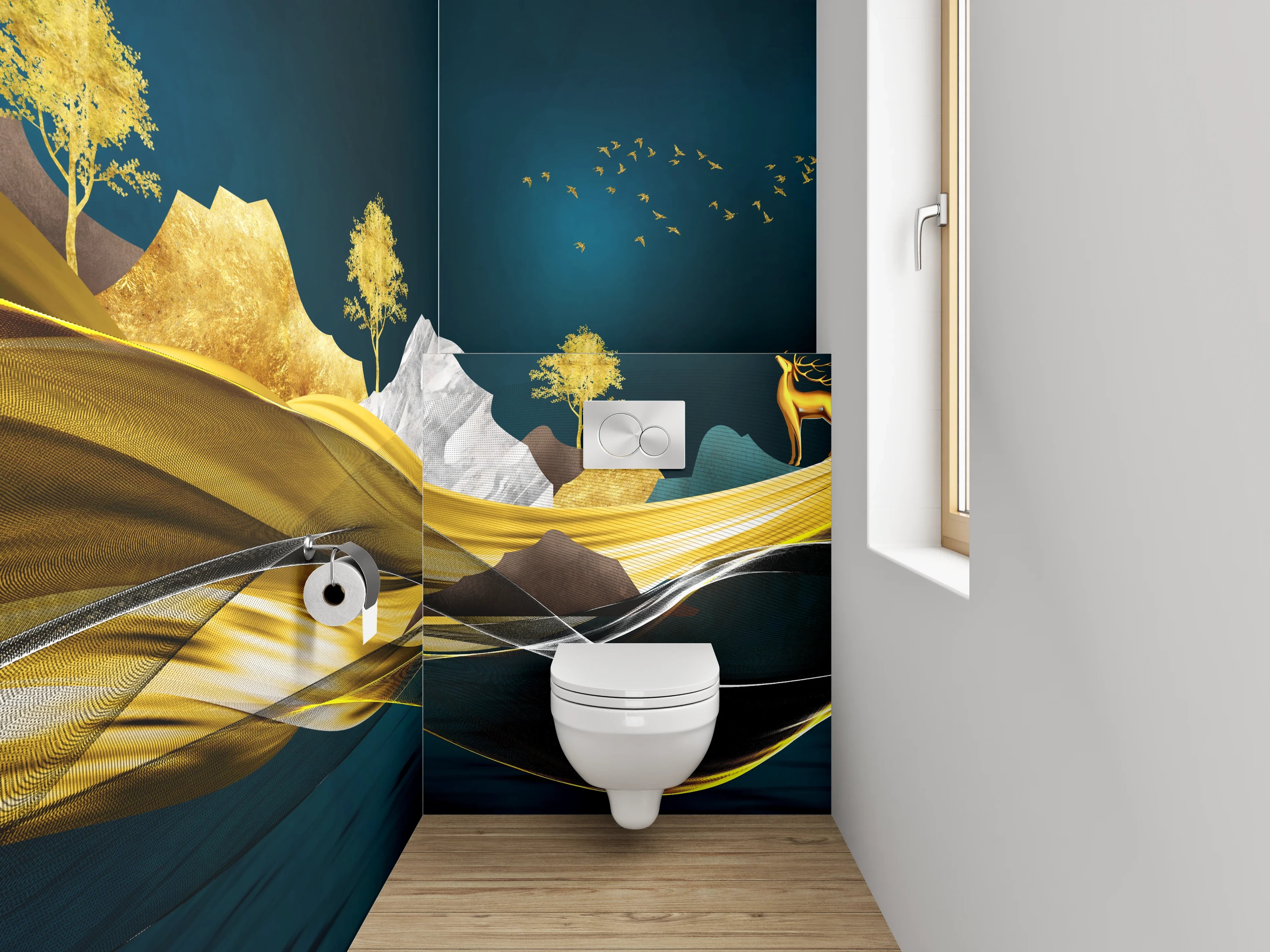 WC-Rückwand - Goldene Traumlandschaft – Hirsch & Berge