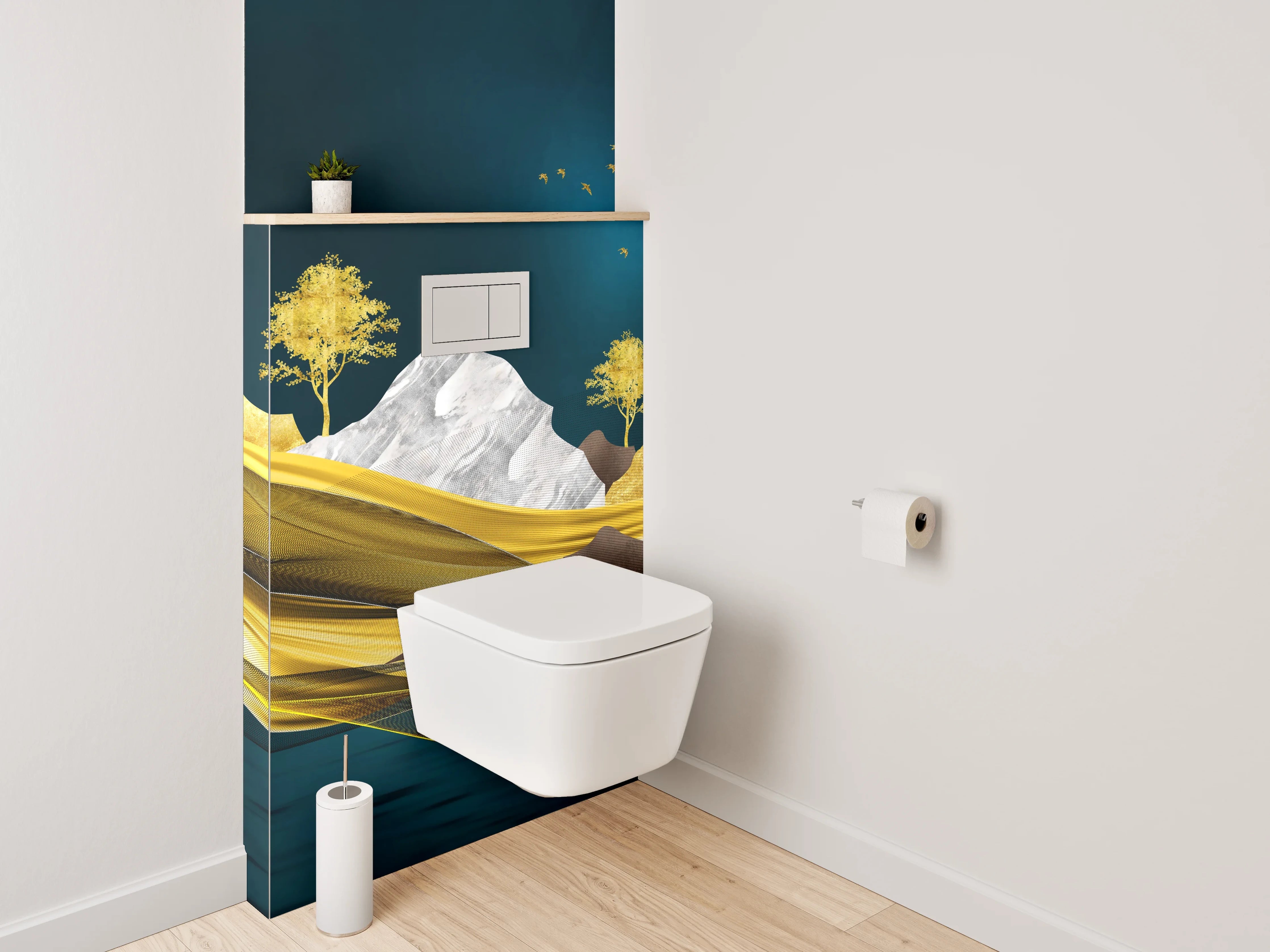 WC-Rückwand - Goldene Traumlandschaft – Hirsch & Berge