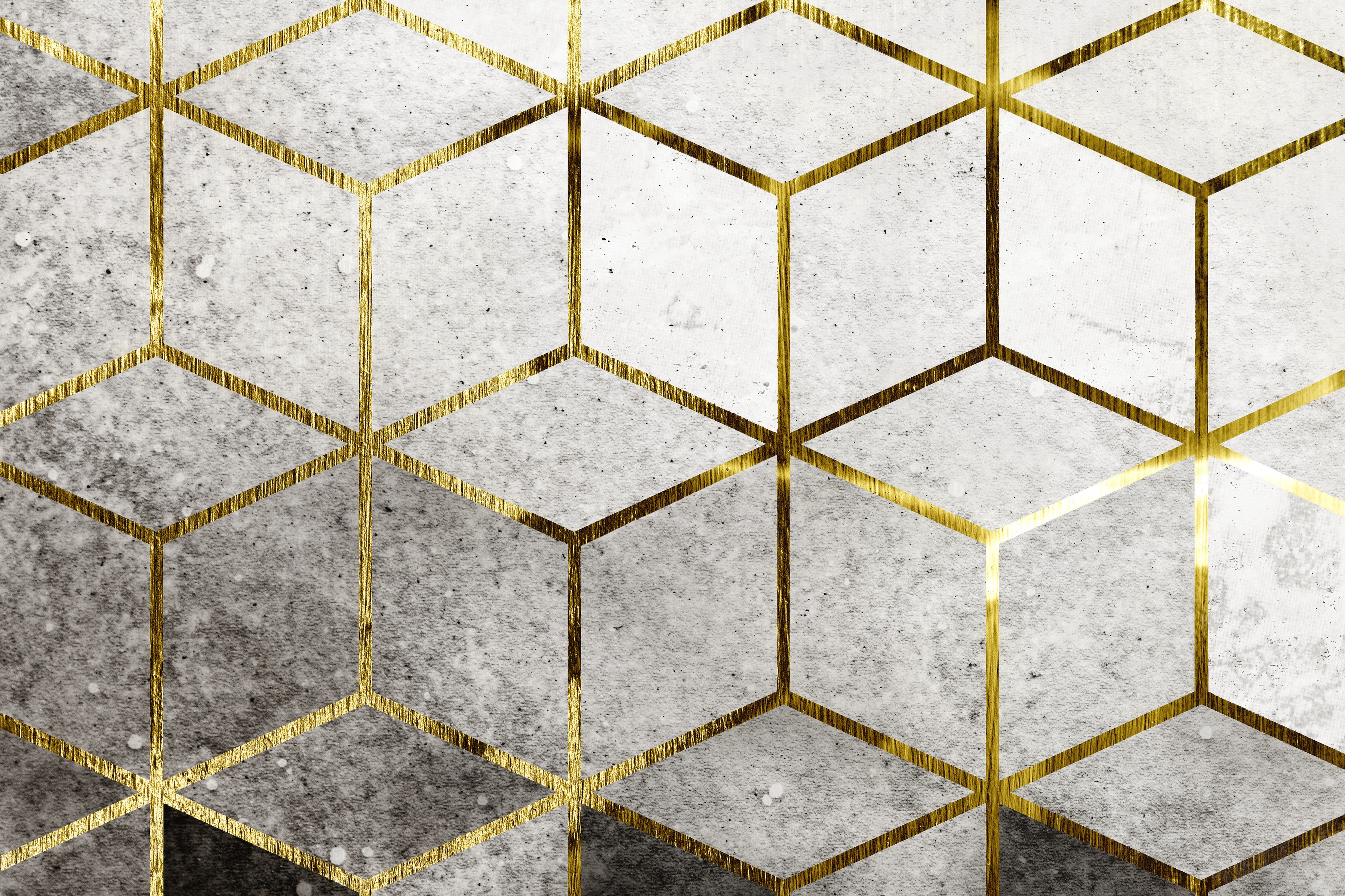 WC-Rückwand-Goldene Würfel auf Betonoptik