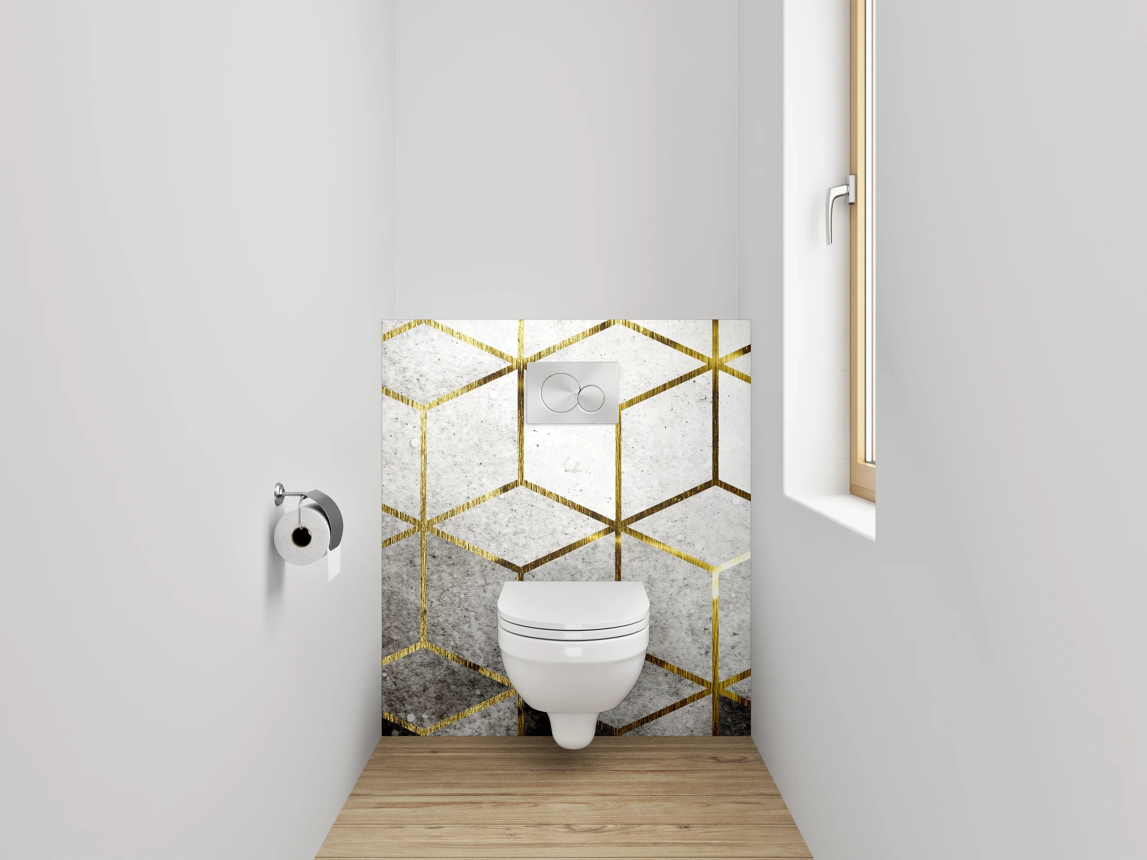 WC-Rückwand - Goldene Würfel auf Betonoptik
