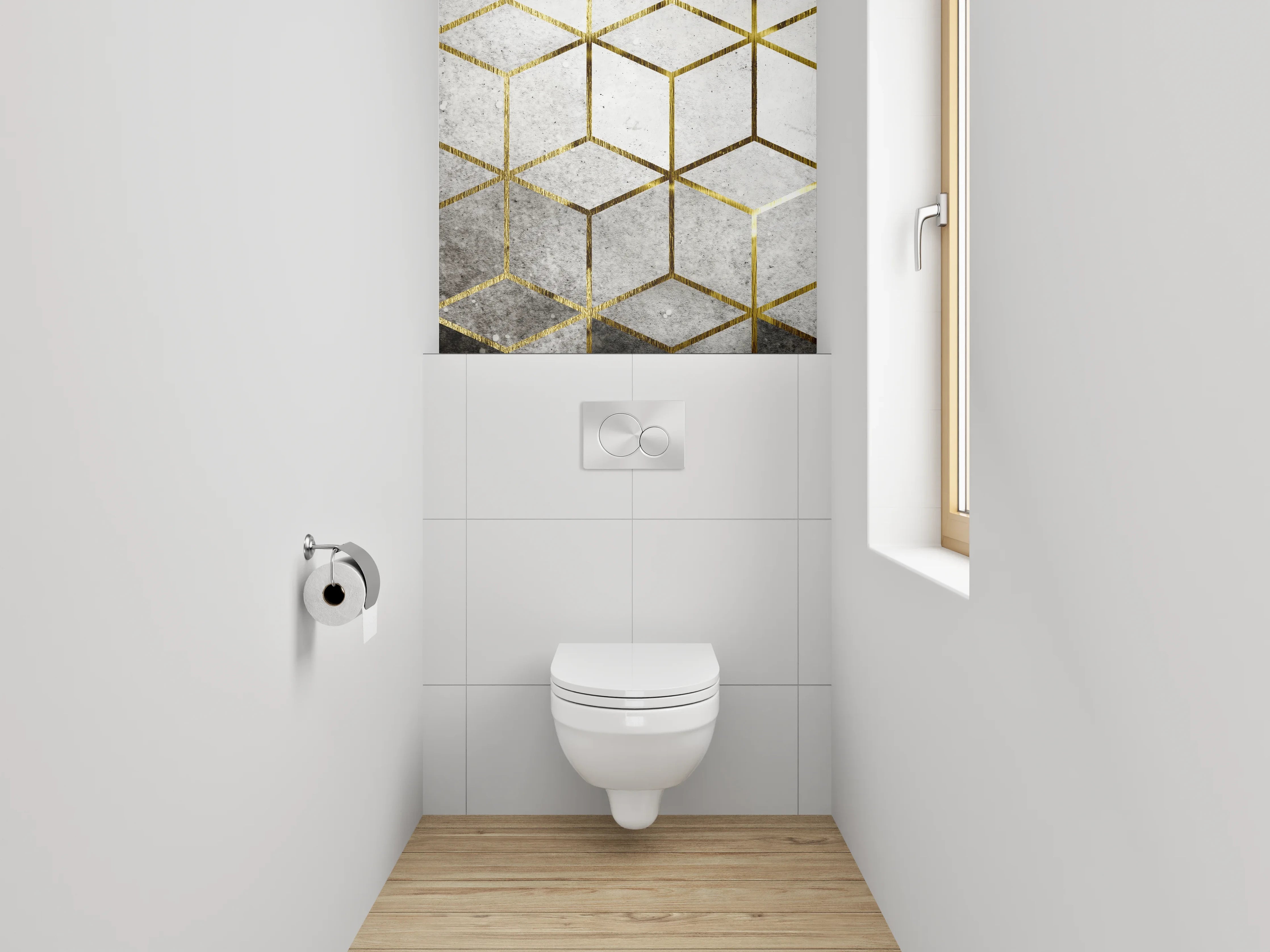 WC-Rückwand - Goldene Würfel auf Betonoptik