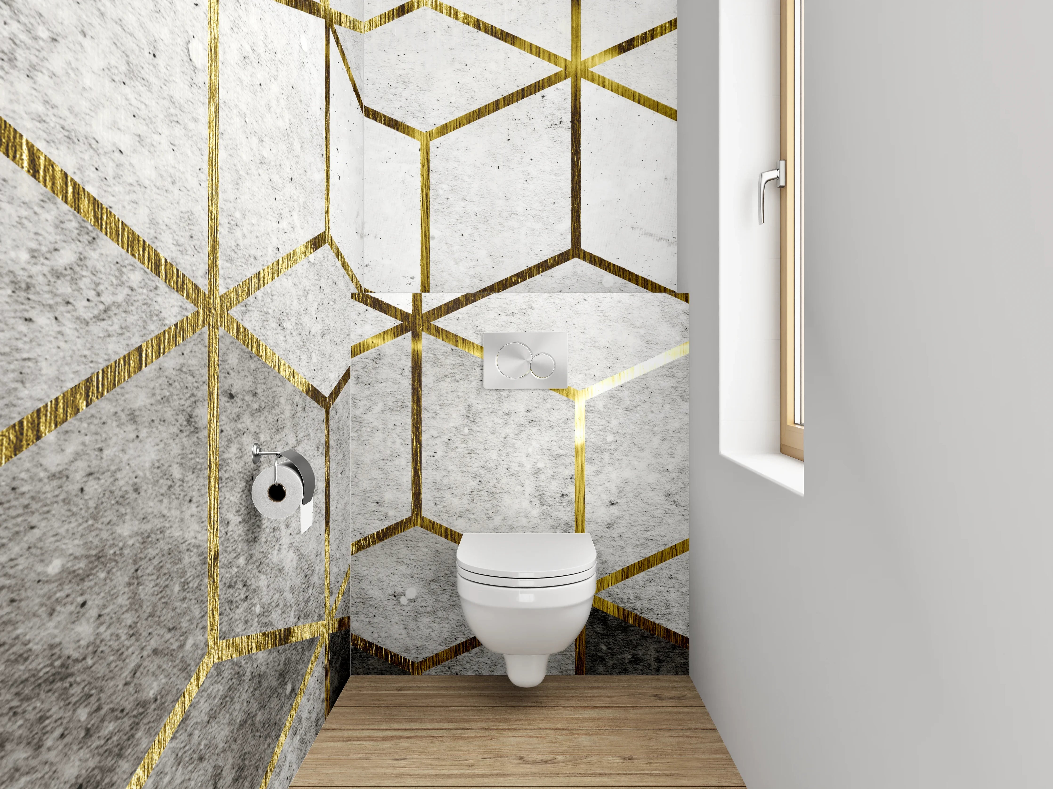 WC-Rückwand - Goldene Würfel auf Betonoptik