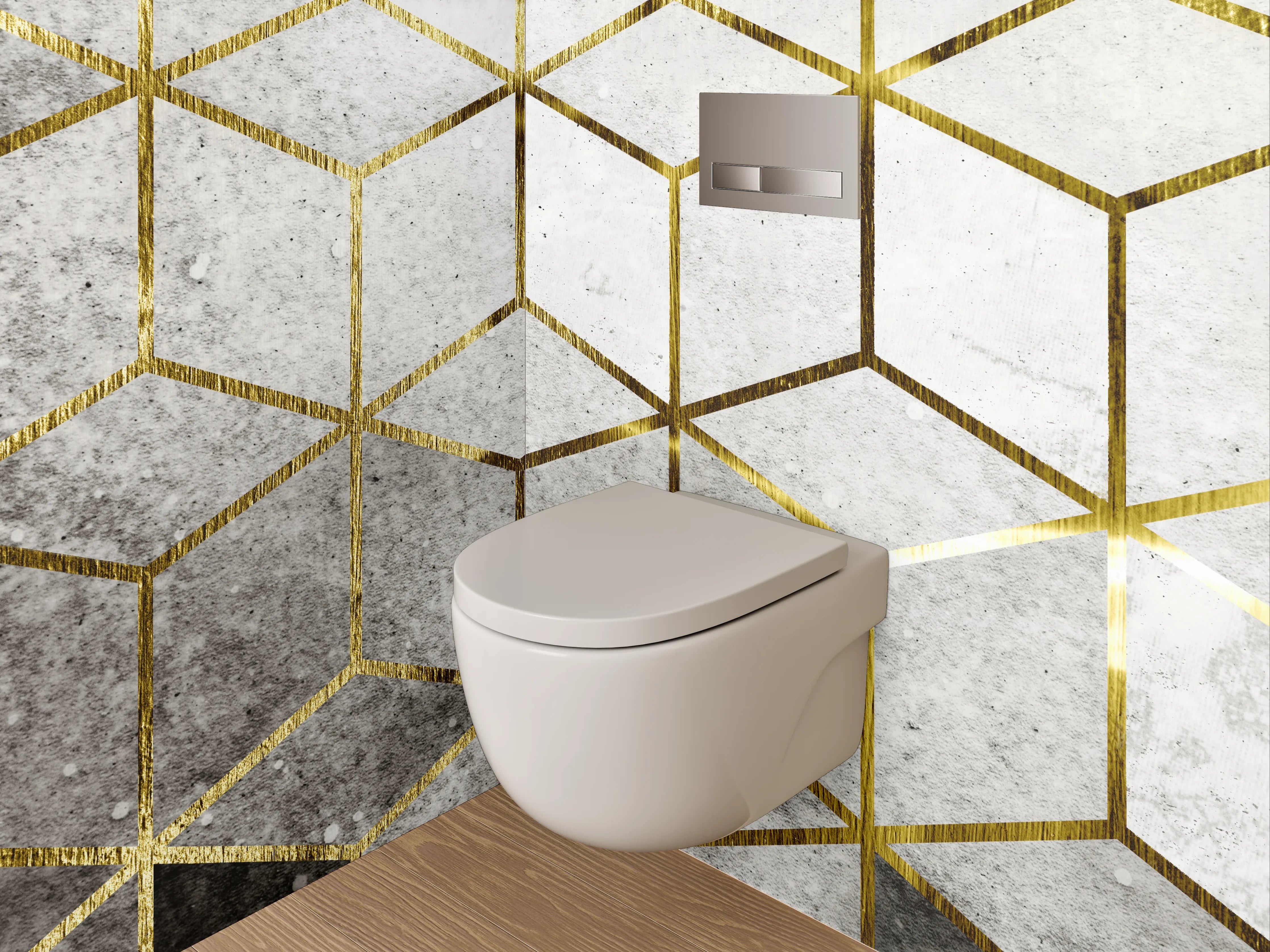 WC-Rückwand - Goldene Würfel auf Betonoptik