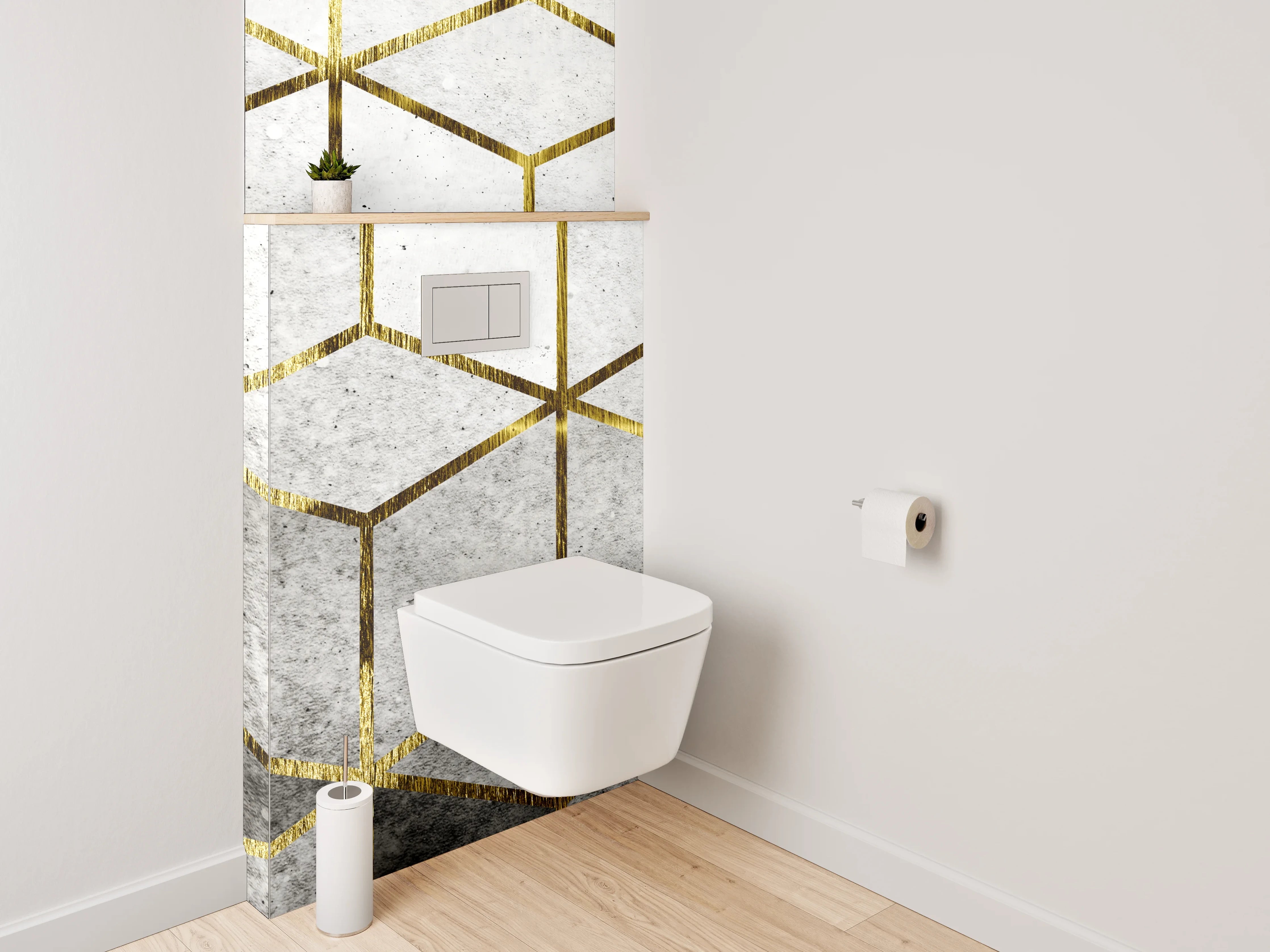 WC-Rückwand - Goldene Würfel auf Betonoptik