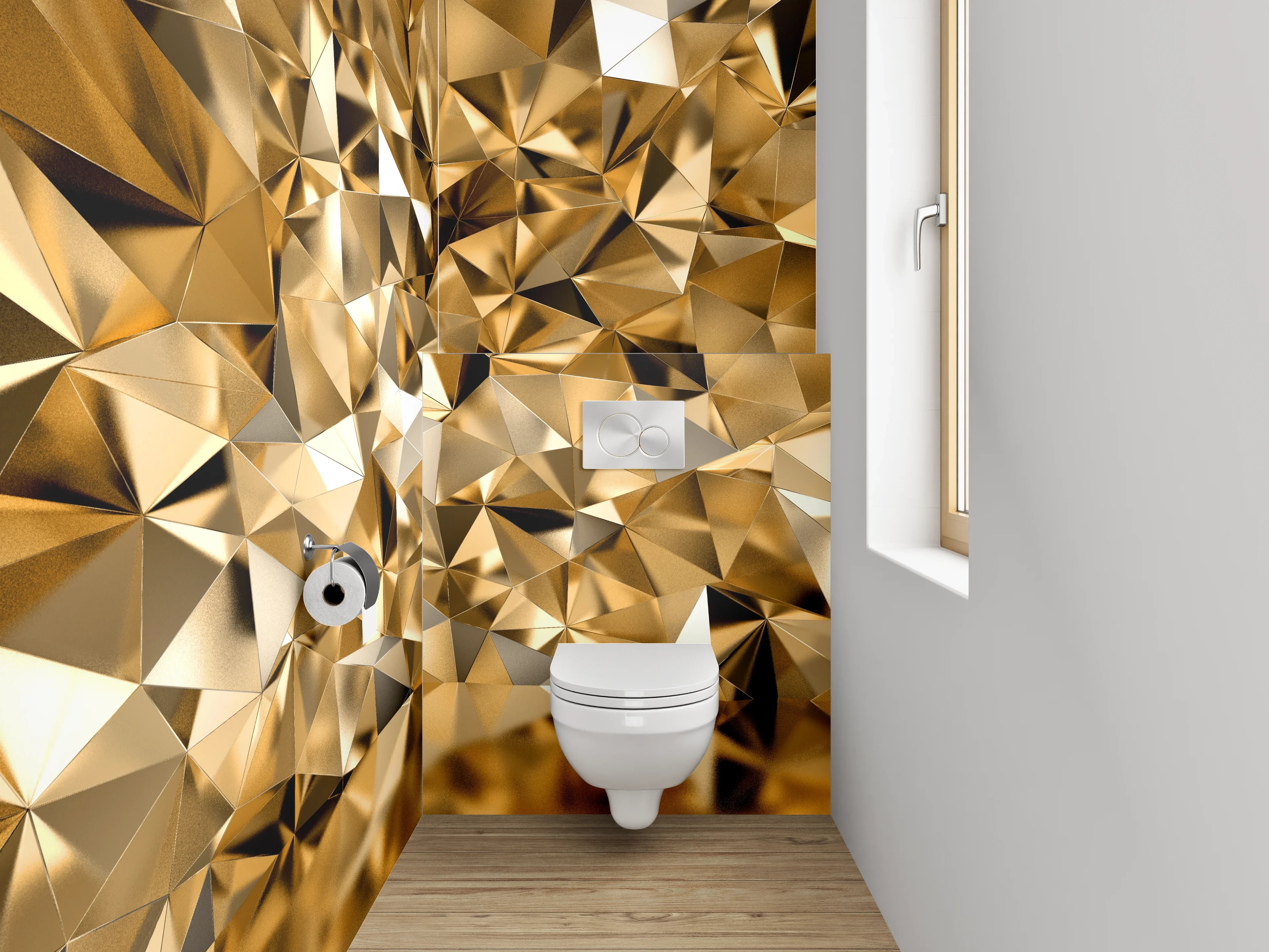 WC-Rückwand - Goldene abstrakte Polygonstruktur