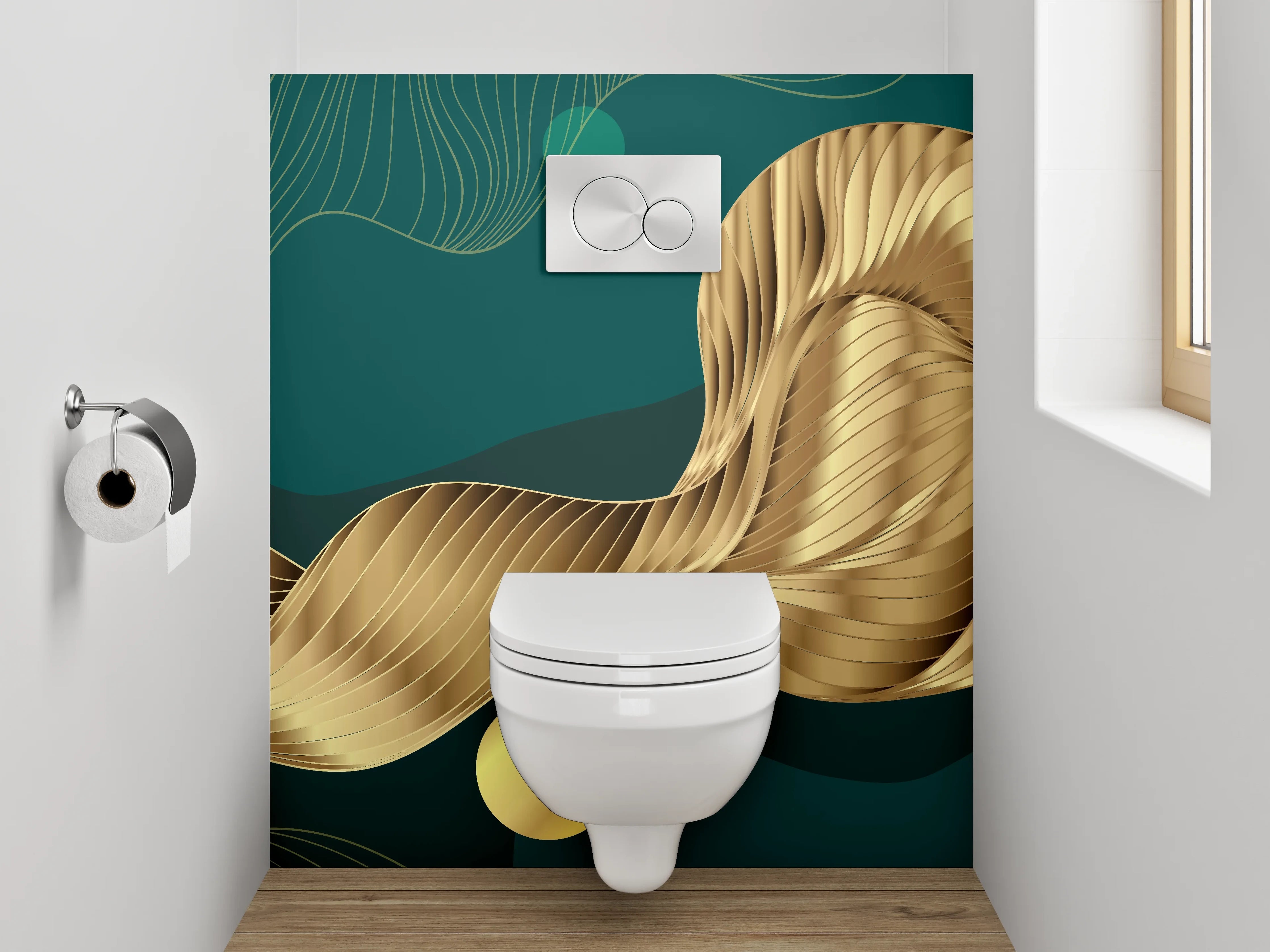 WC-Rückwand - Goldene abstrakte Wellen auf Dunkelgrün