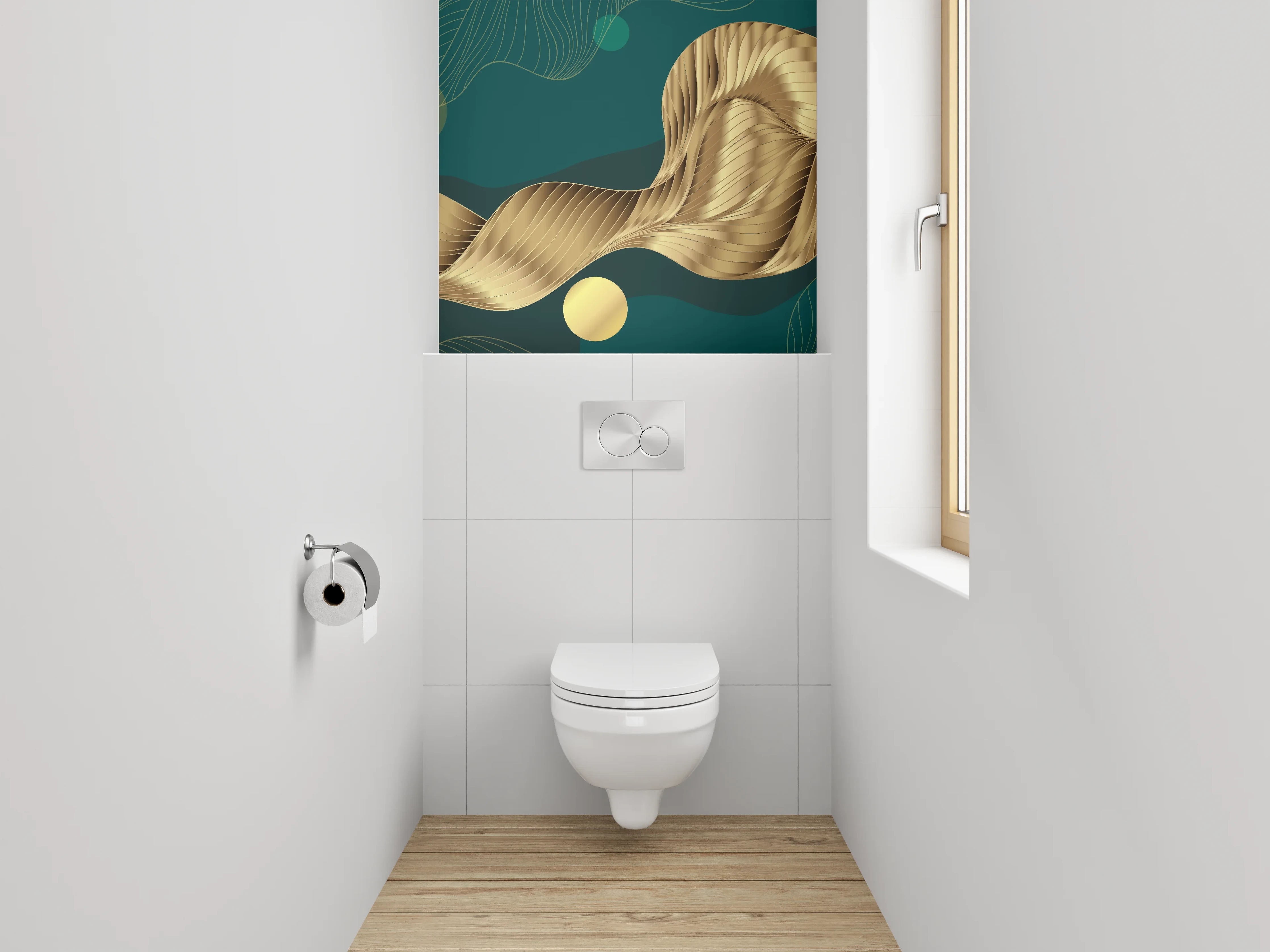 WC-Rückwand - Goldene abstrakte Wellen auf Dunkelgrün