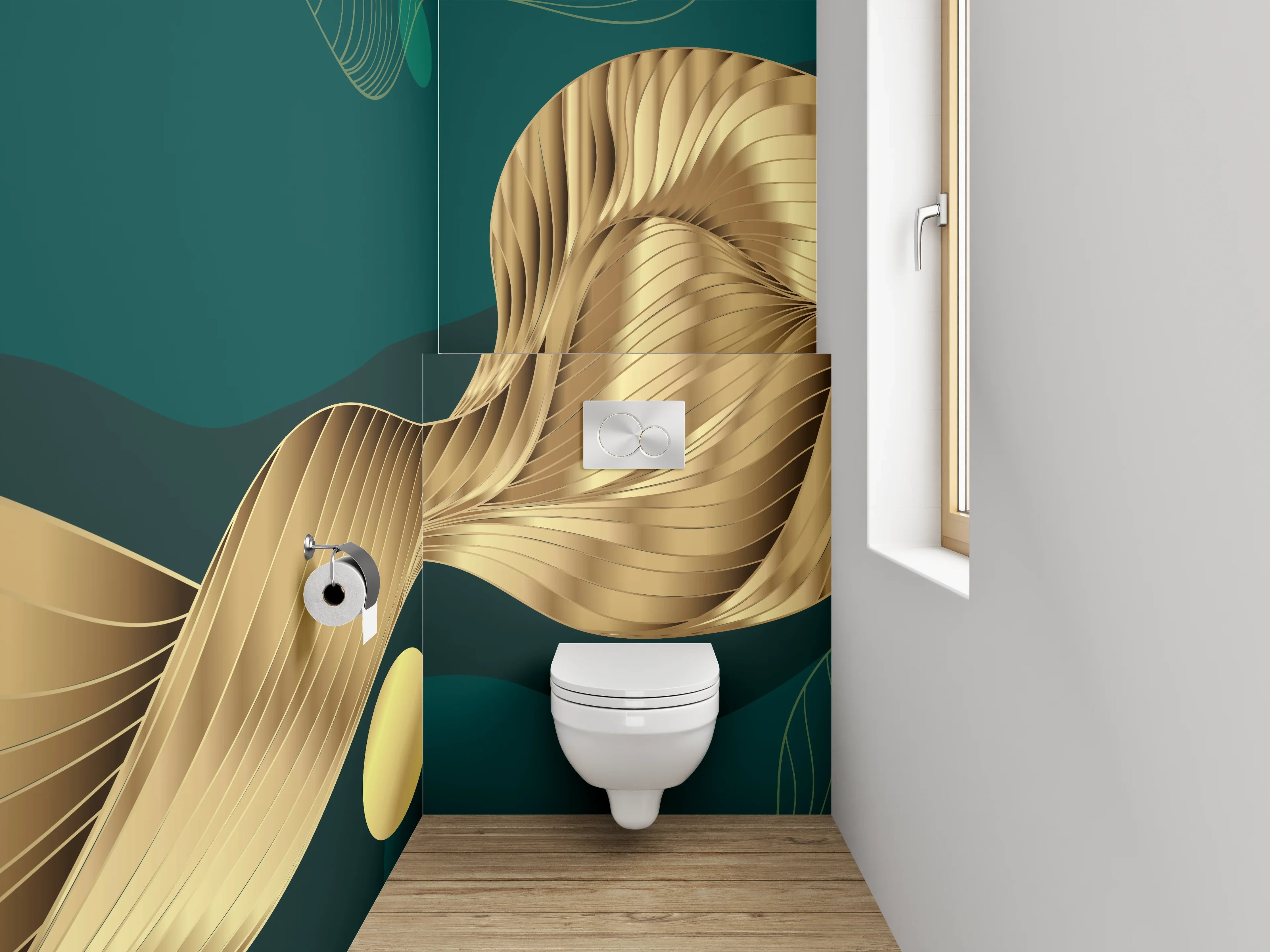 WC-Rückwand - Goldene abstrakte Wellen auf Dunkelgrün