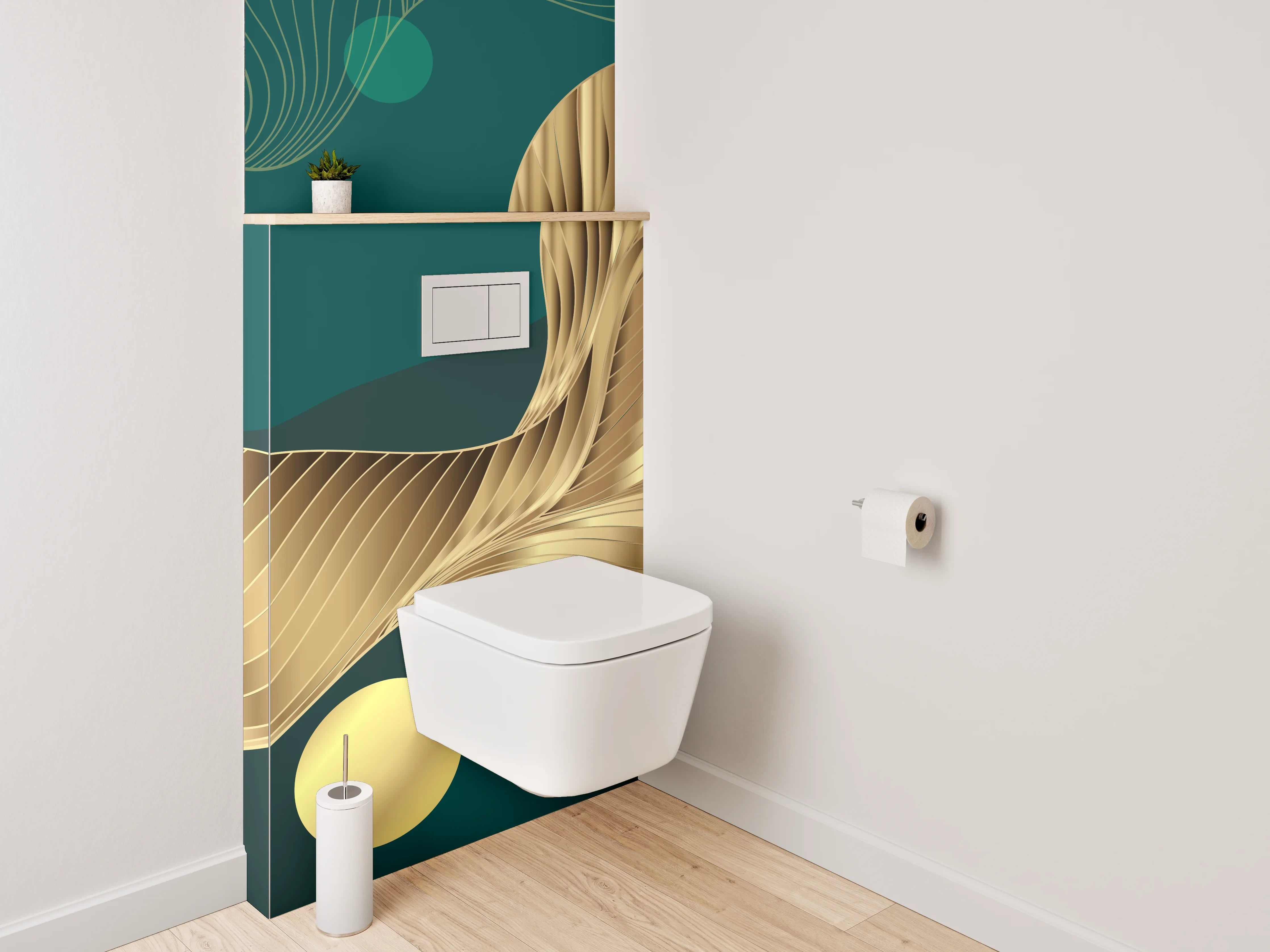 WC-Rückwand - Goldene abstrakte Wellen auf Dunkelgrün
