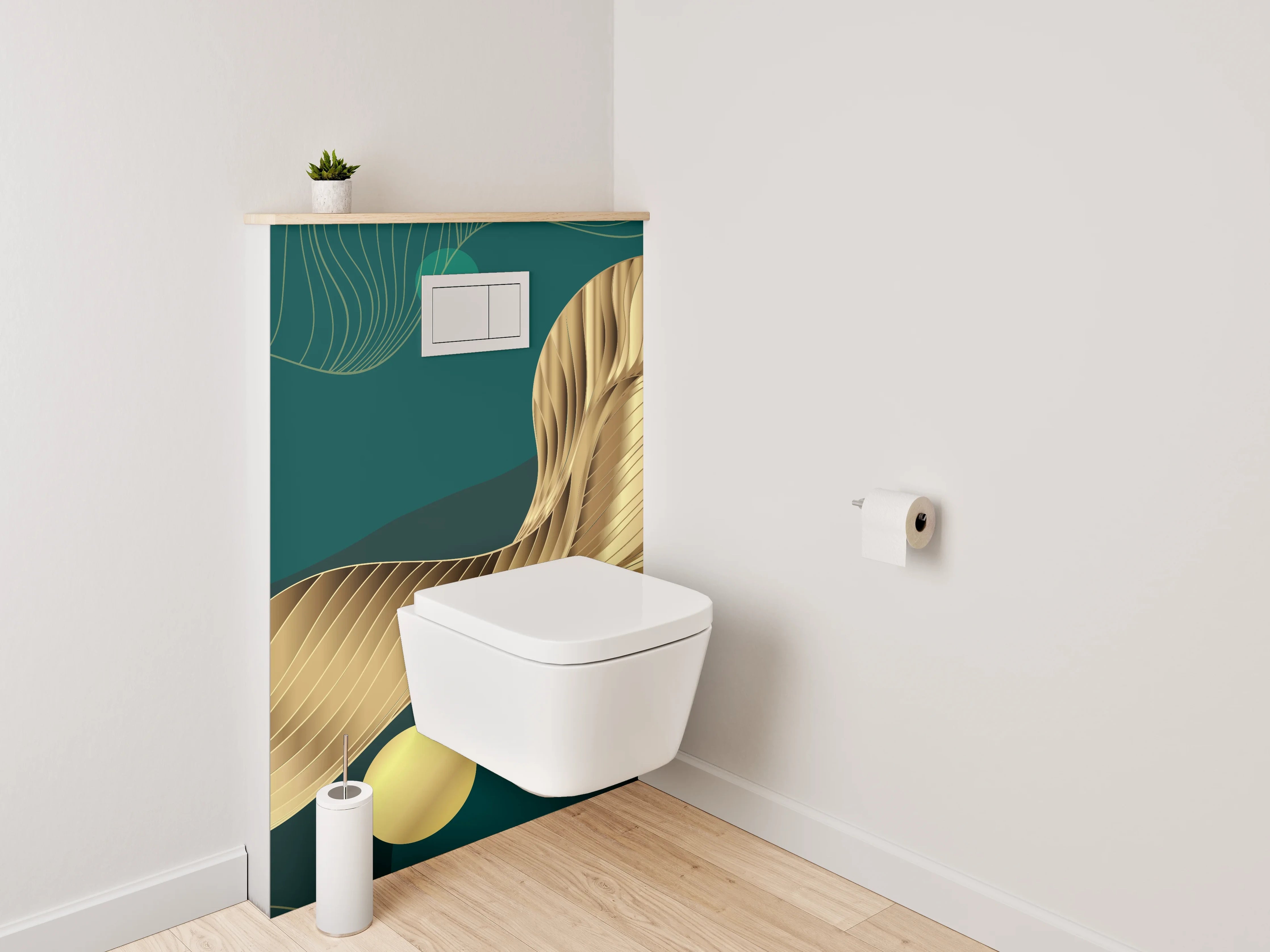 WC-Rückwand - Goldene abstrakte Wellen auf Dunkelgrün