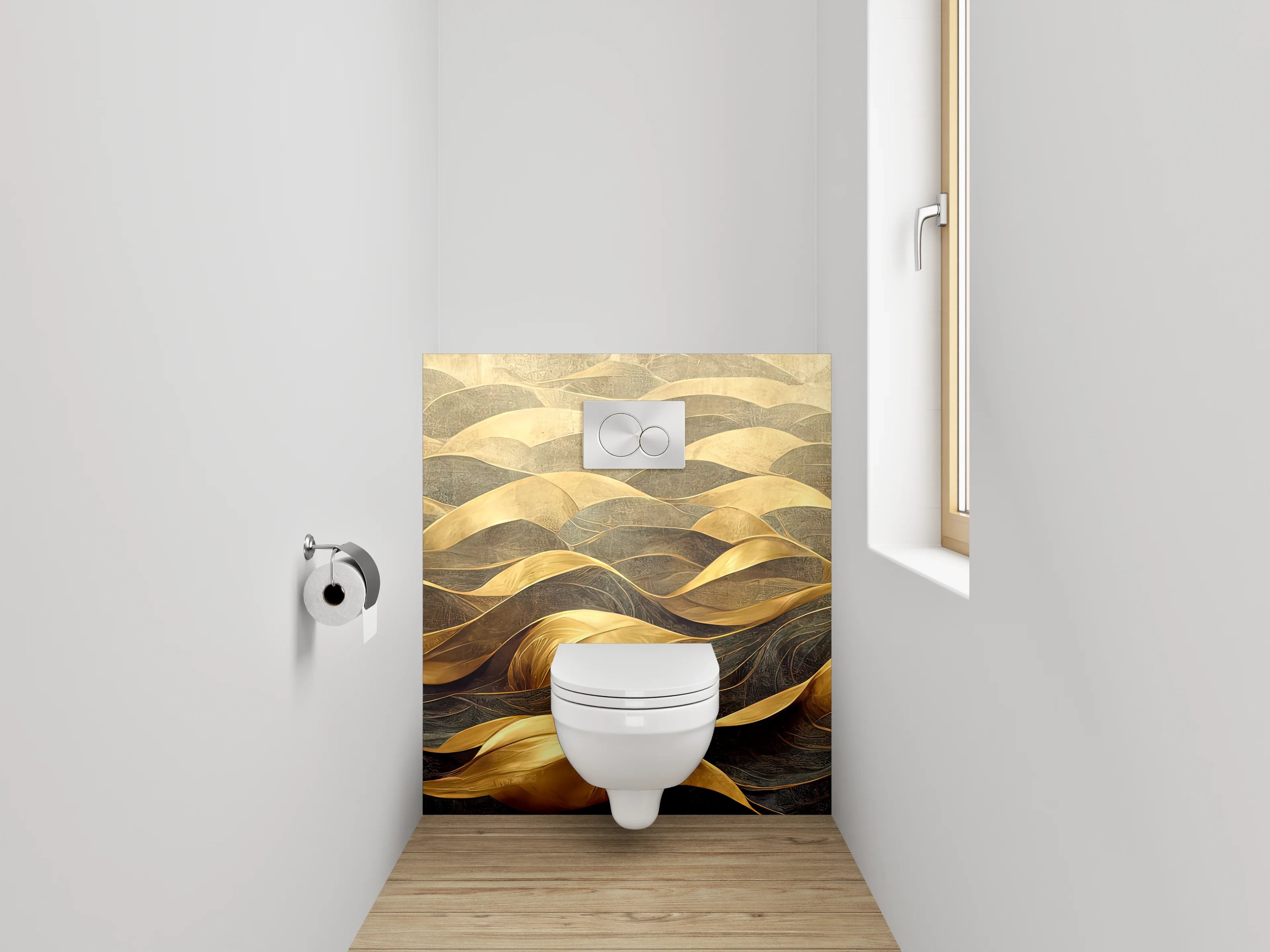 WC-Rückwand - Goldene abstrakte Wellenlandschaft Kunst