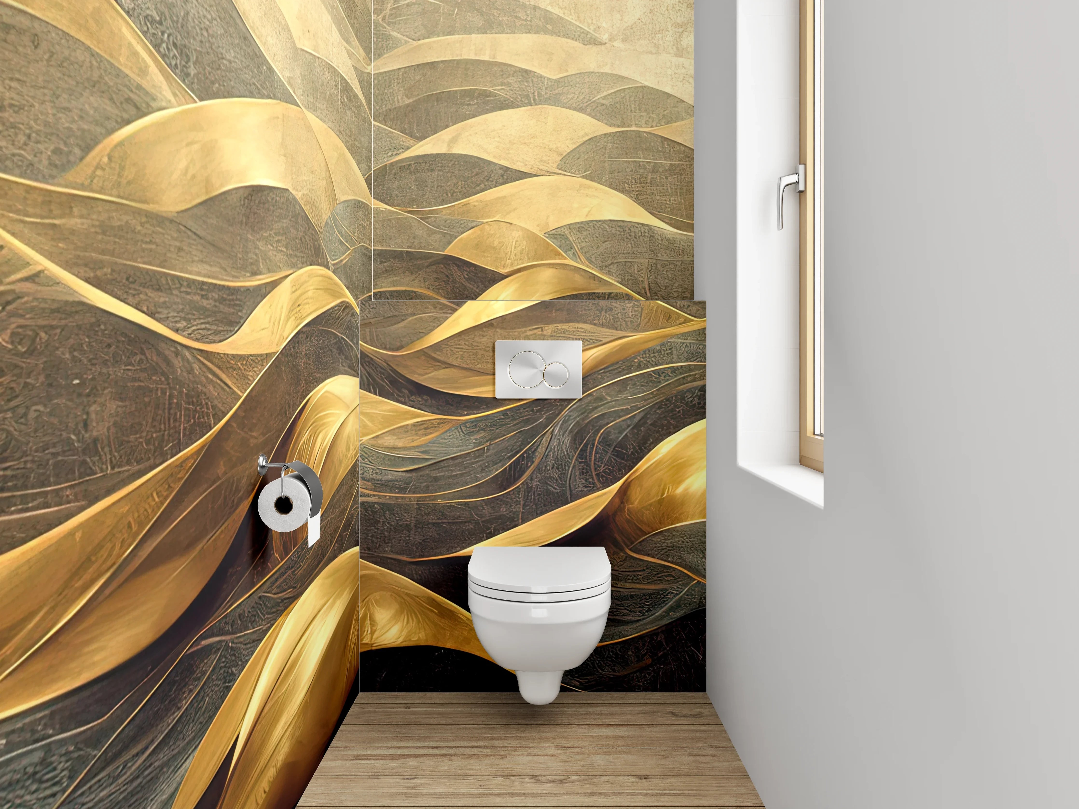 WC-Rückwand - Goldene abstrakte Wellenlandschaft Kunst
