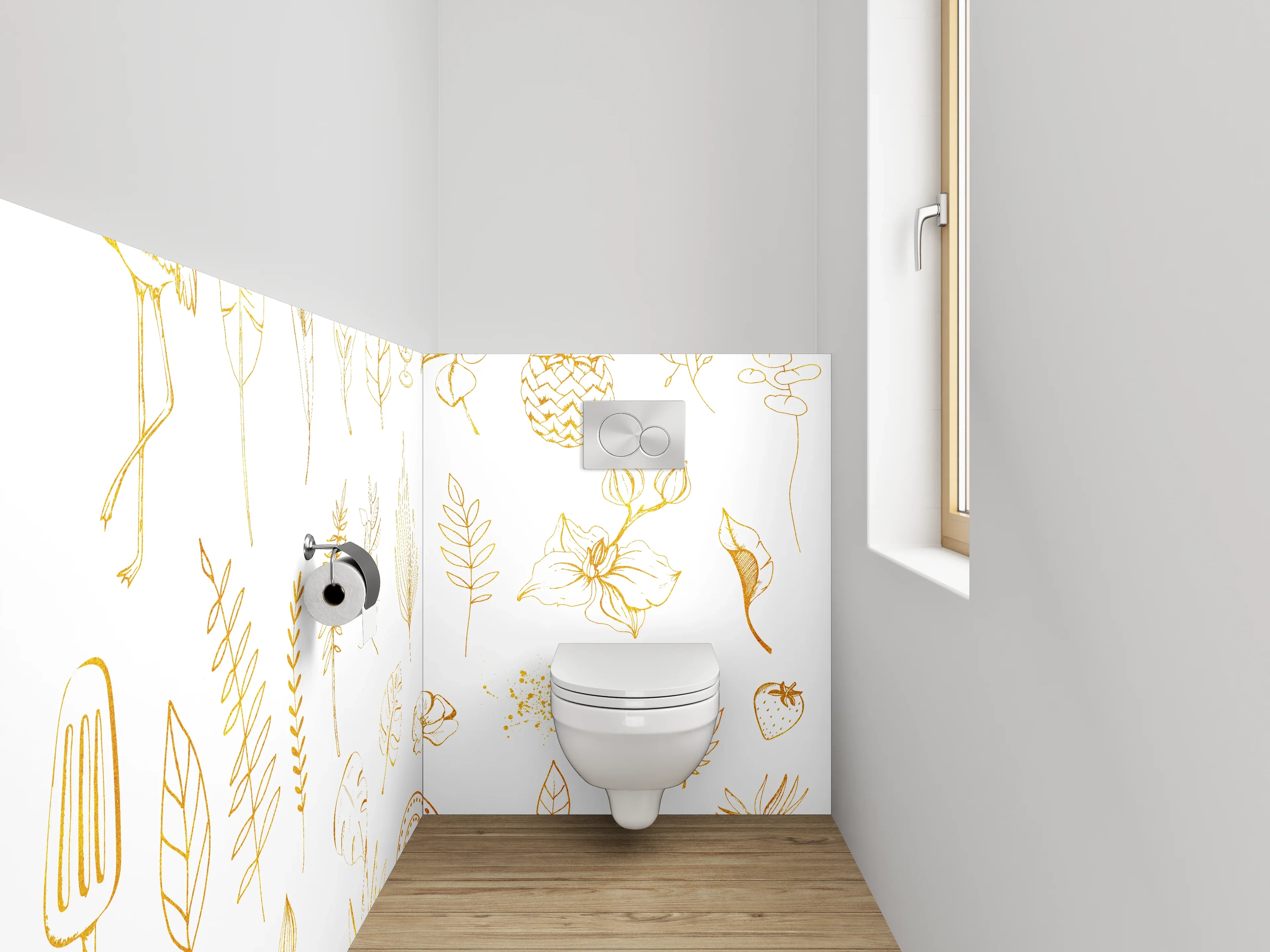 WC-Rückwand - Goldene botanische Lineart exotisch