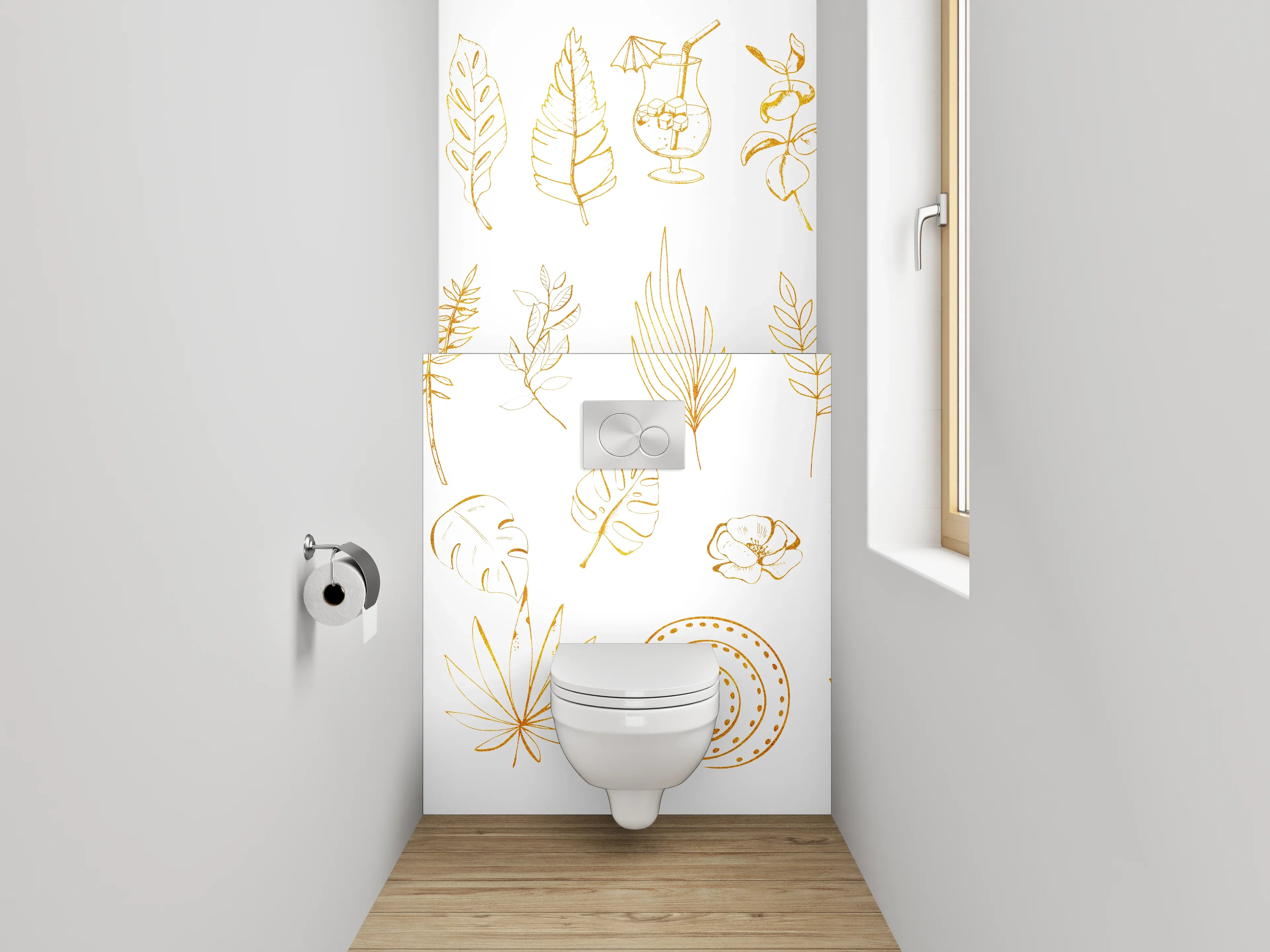 WC-Rückwand - Goldene botanische Lineart exotisch